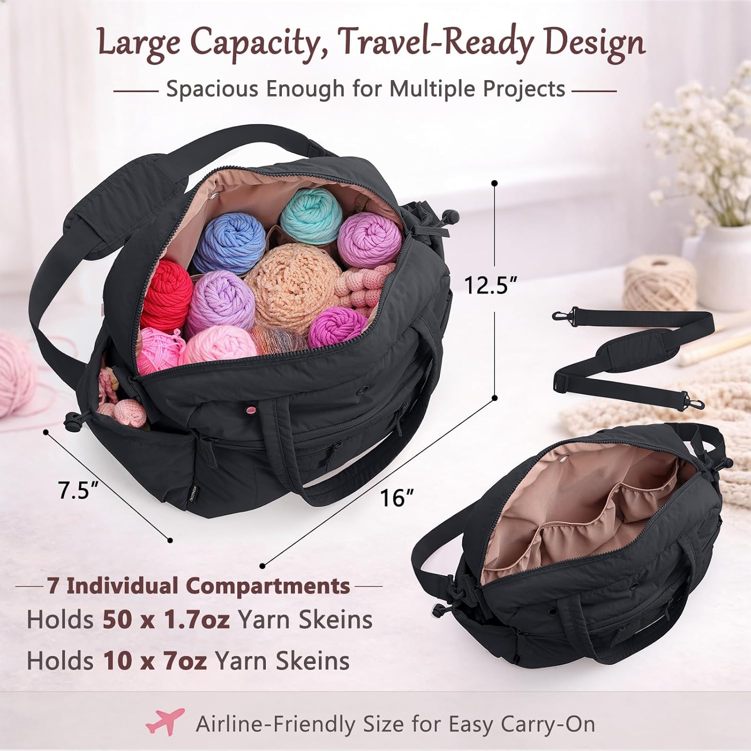 MYBAGZING Stylish Crochet Bag Organizer with Crochet Hook Case, Large Capacity Yarn Bag for Crocheting on the Go, Soft Quilted Crochet Tote with 7 Compartments, Knitting Project Carry-On Travel Gift