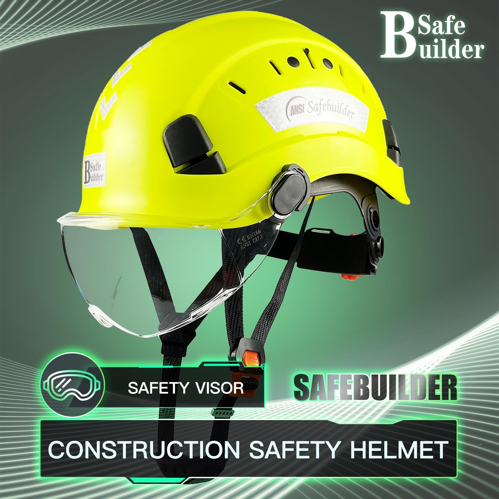 SAFEBUILDER Kask ochronny budowlany z wizjerem ABS twardy kapelusz regulowany kask wentylacyjny przemysłowa ochrona głowy roboczej dla mężczyzn certyfikat ANSI/ISEA Z89.1