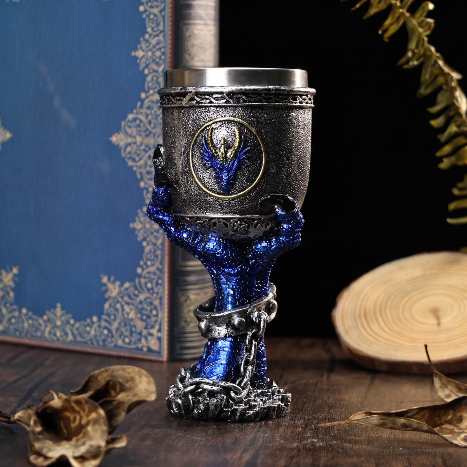 JIUMOZHI Dragon Claw Goblet Creative Hand-painted Drinking Cup Gothic Wine Glass Stainless Steel Liner Capacity 6.76 OZ (Blue)