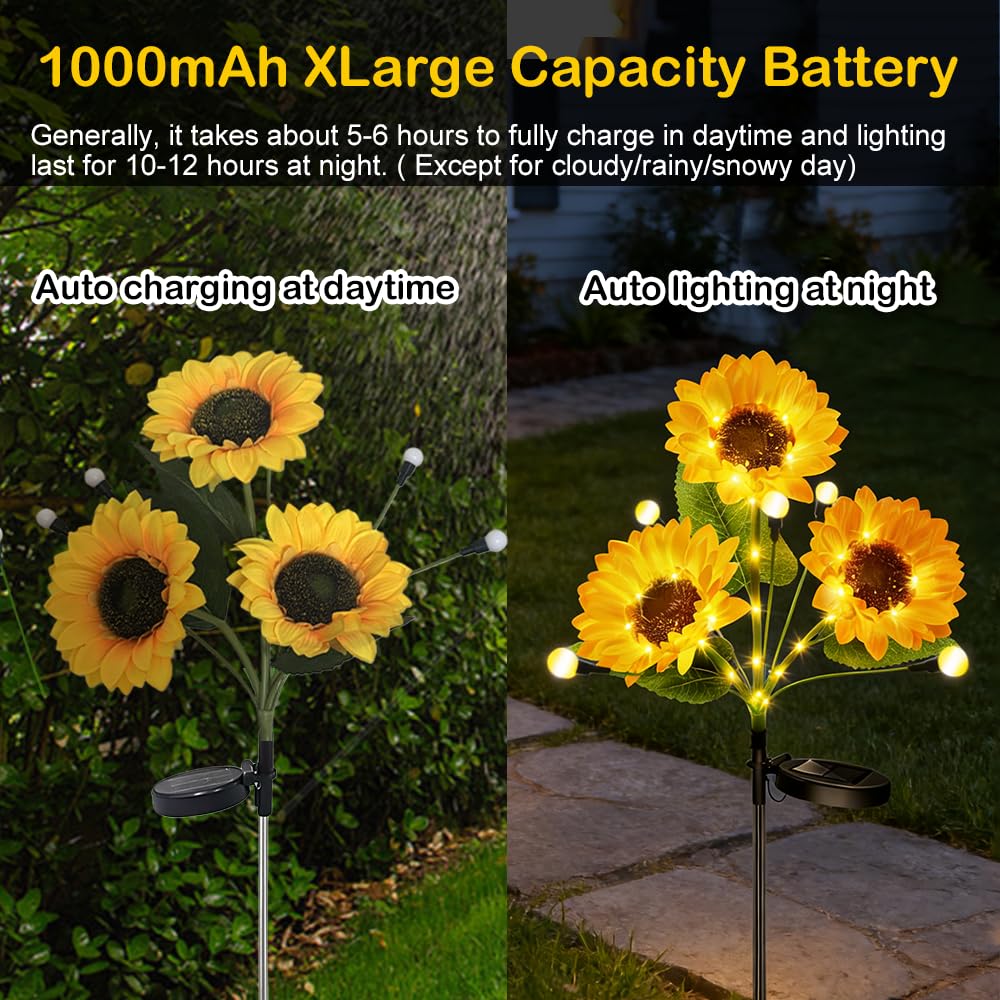 Luci solari da giardino a forma di girasole, confezione da 4 pali decorativi per esterni, con luci a LED a forma di lucciola, impermeabili, per cortile, prato, patio