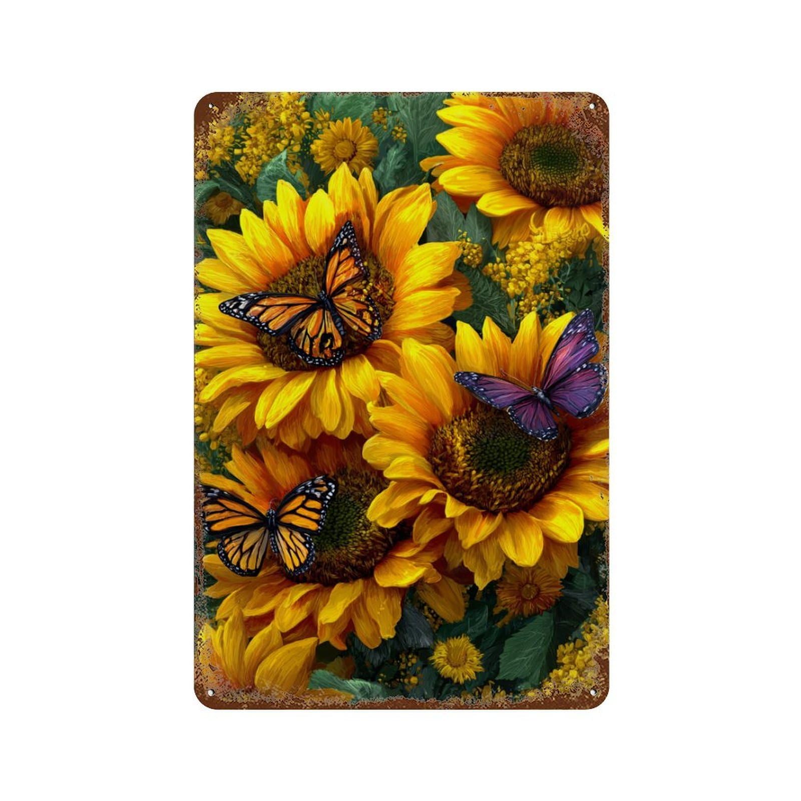 Sunflower Butterfly Garden Rust Effect Tin Sign 11.8"x7.9", Industrial Home Decor for Cafe, Home Bar And Lounge Decor