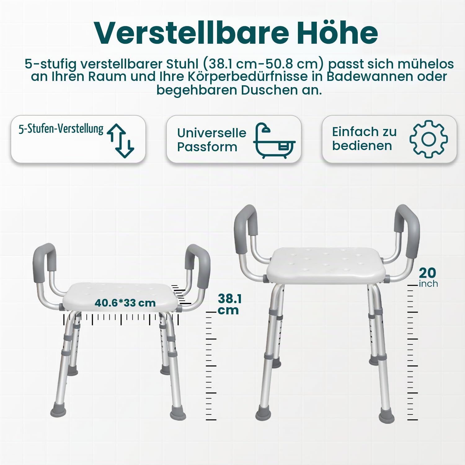Agirsh Duschhocker für Senioren 160 kg Belastbar | Höhenverstellbarer Badhocker(38-51 cm), leichter Aluminium-Duschhocker, Badhocker für die Dusche, Einfache Installation