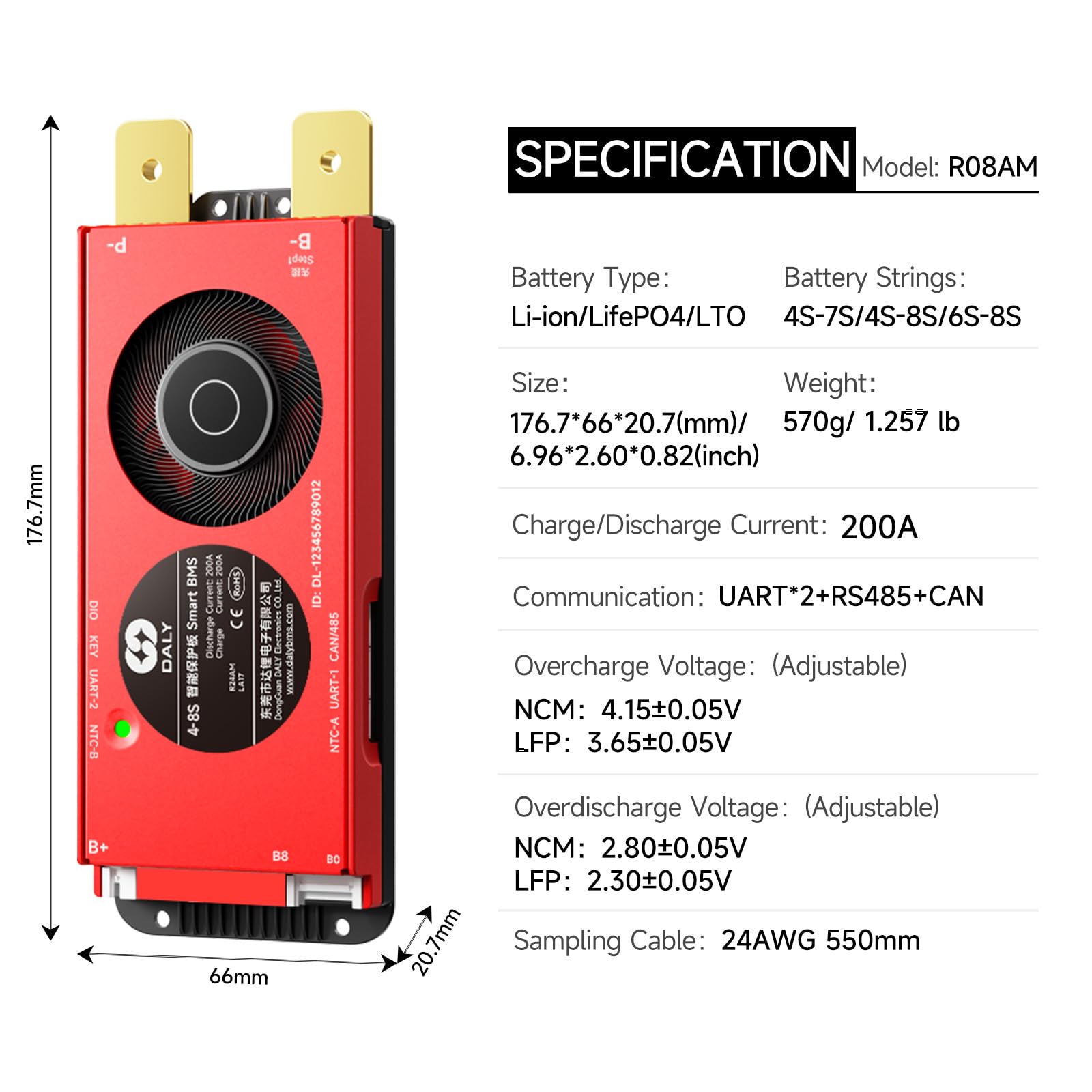 DALY BMS da 12V a 24V 200A – Sistema di gestione intelligente per batterie al litio con Bluetooth integrato, RS485 e CAN, per pacchi batteria 4S – 8S (Li-ion, LiFePO4, LTO)
