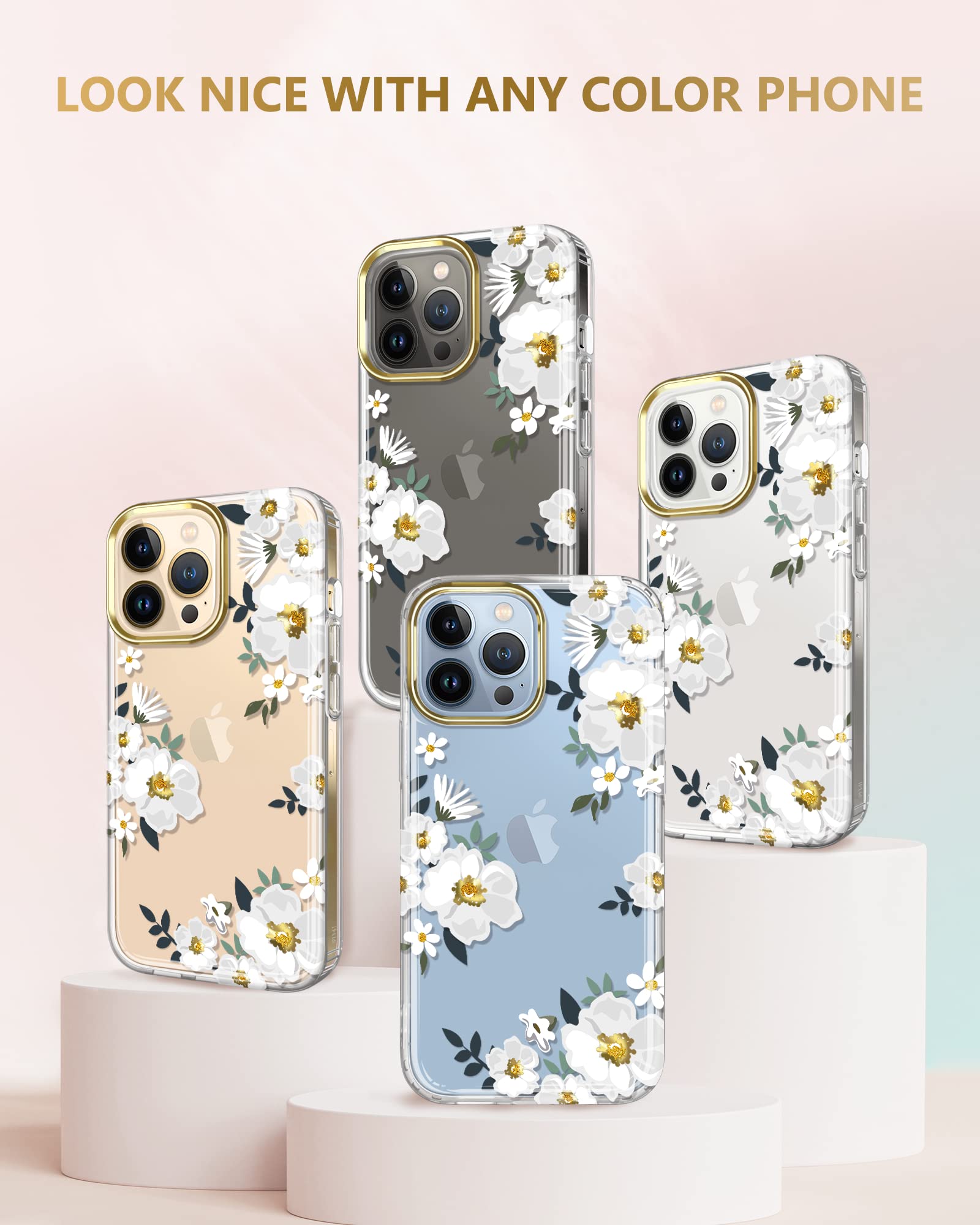 JIAXIUFEN Funda transparente compatible con iPhone 13 Pro, chapado en oro con diseño de flores con purpurina, protección a prueba de golpes, delgada, delgada, de poliuretano termoplástico, carcasa
