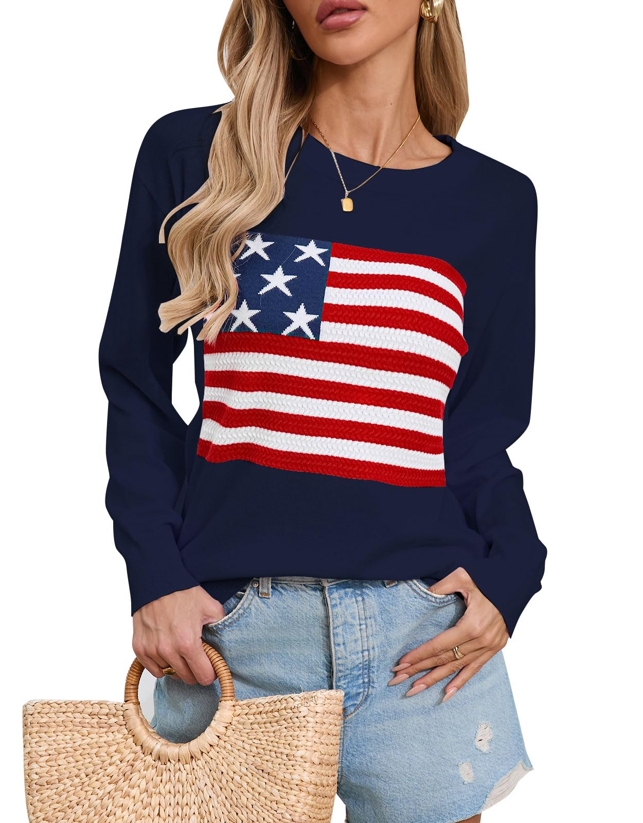 Womens American Flag Sweater Long Sleeve Crewneck Colorblock Striped Pullover with Drop Shoulder - Casual Knitted Sweaters