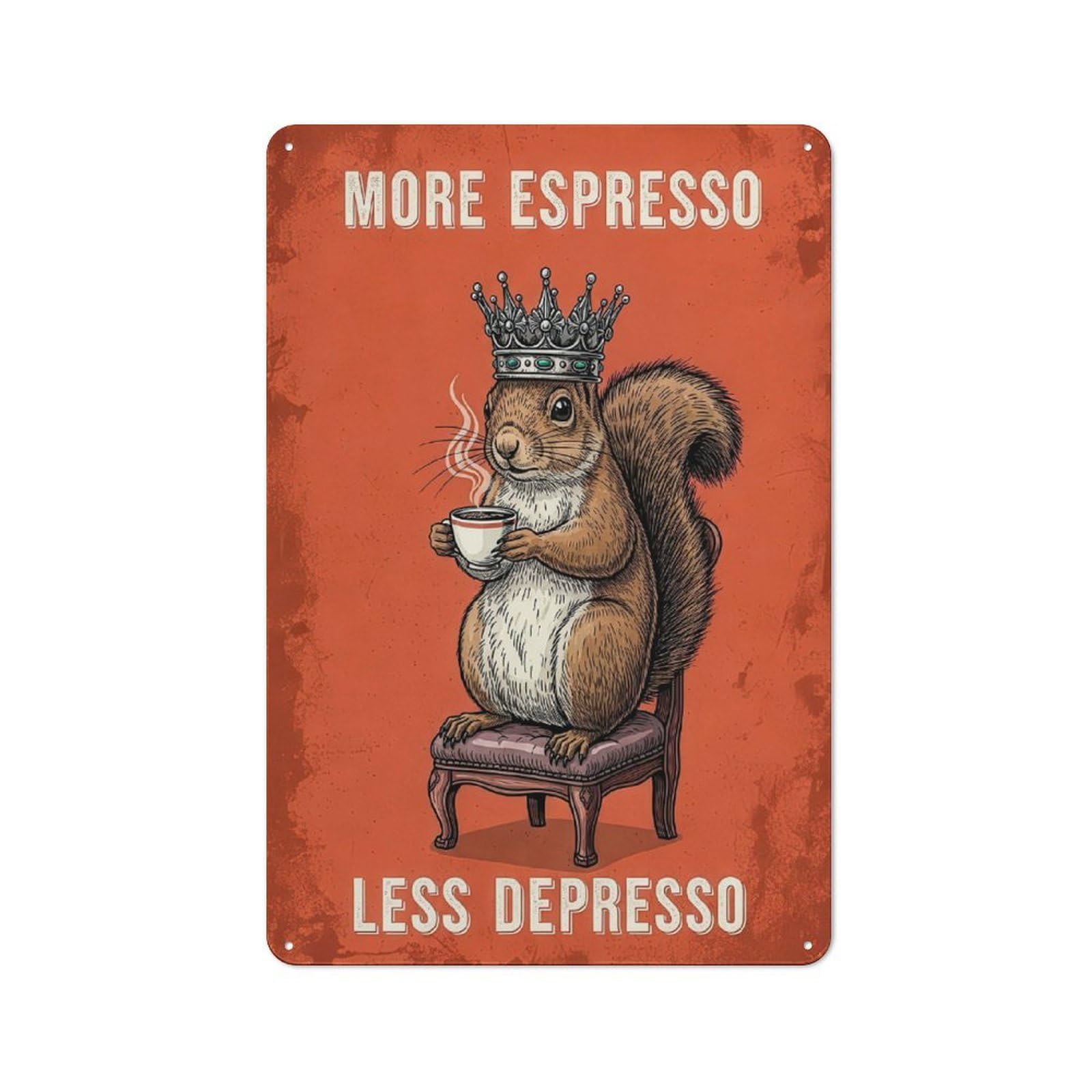 Junmoney Style Retro More Espresso Less Depresso Squirrel King Vintage Metal Sign 30X20cm, Room Wall Plaque For Flat, Dorm Room, Lounge Or Cafe