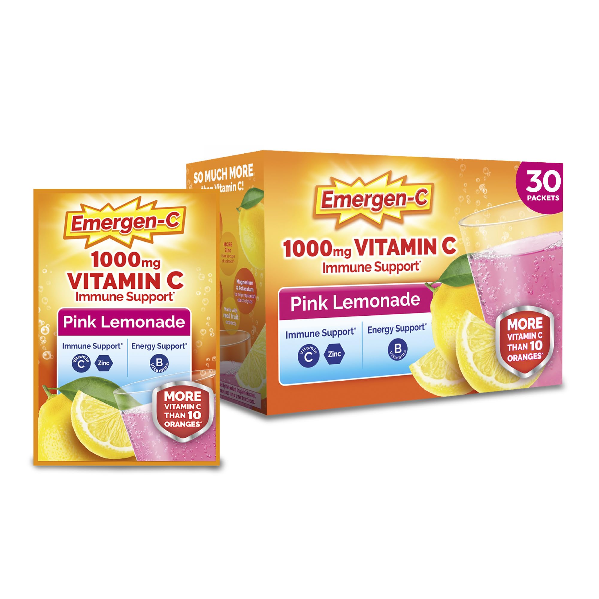 Emergen-C Vitamin C 1000mg, Immune Support Powder, Pink Lemonade, 30 Packs Pink Lemonade 9.9 Ounce (Pack of 1)