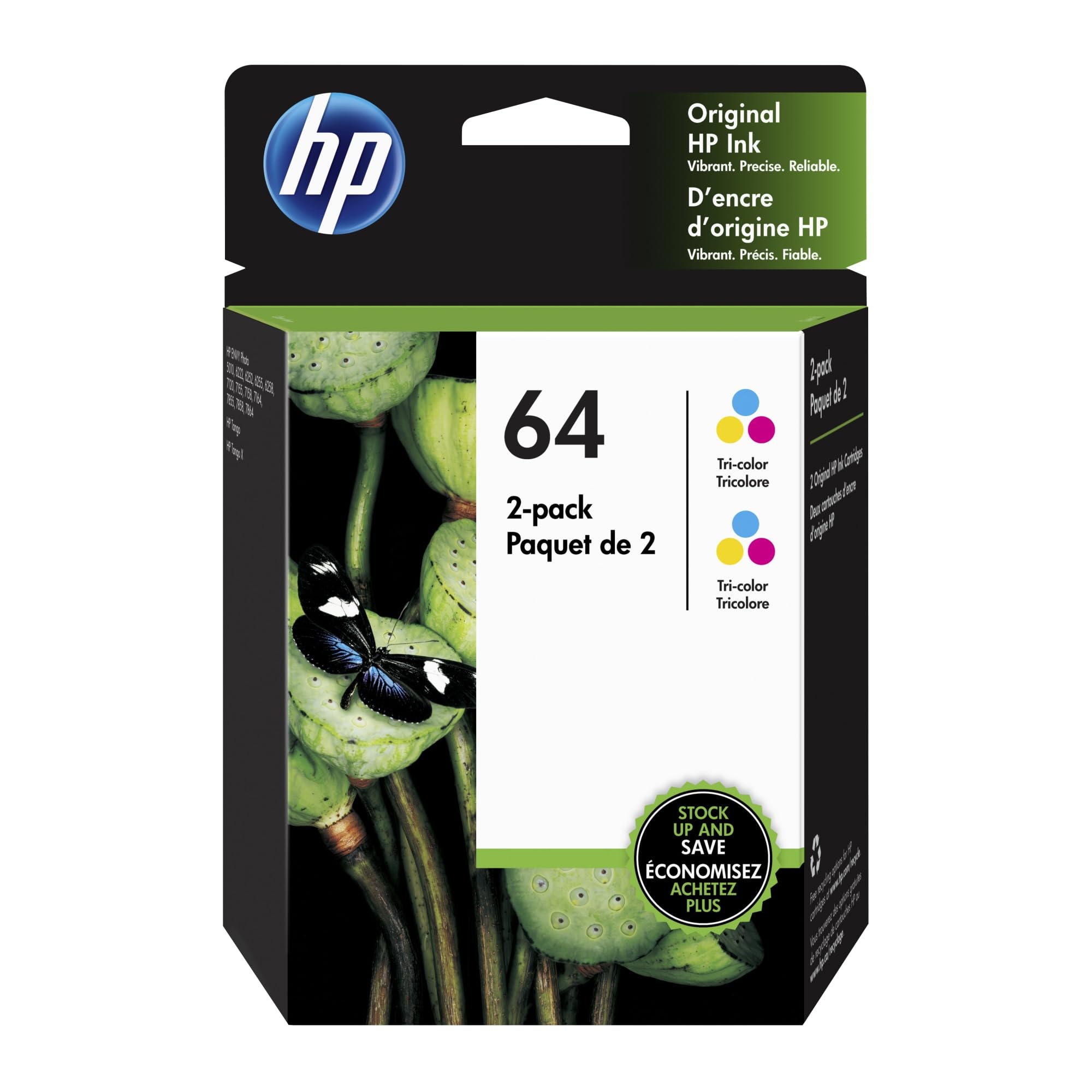 HP64 | 2 Ink Cartridges | Tri-color | Works with HP ENVY Photo 6200 Series, 7100 Series, 7800 Series, HP Tango and HP Tango X | 6ZA55AN