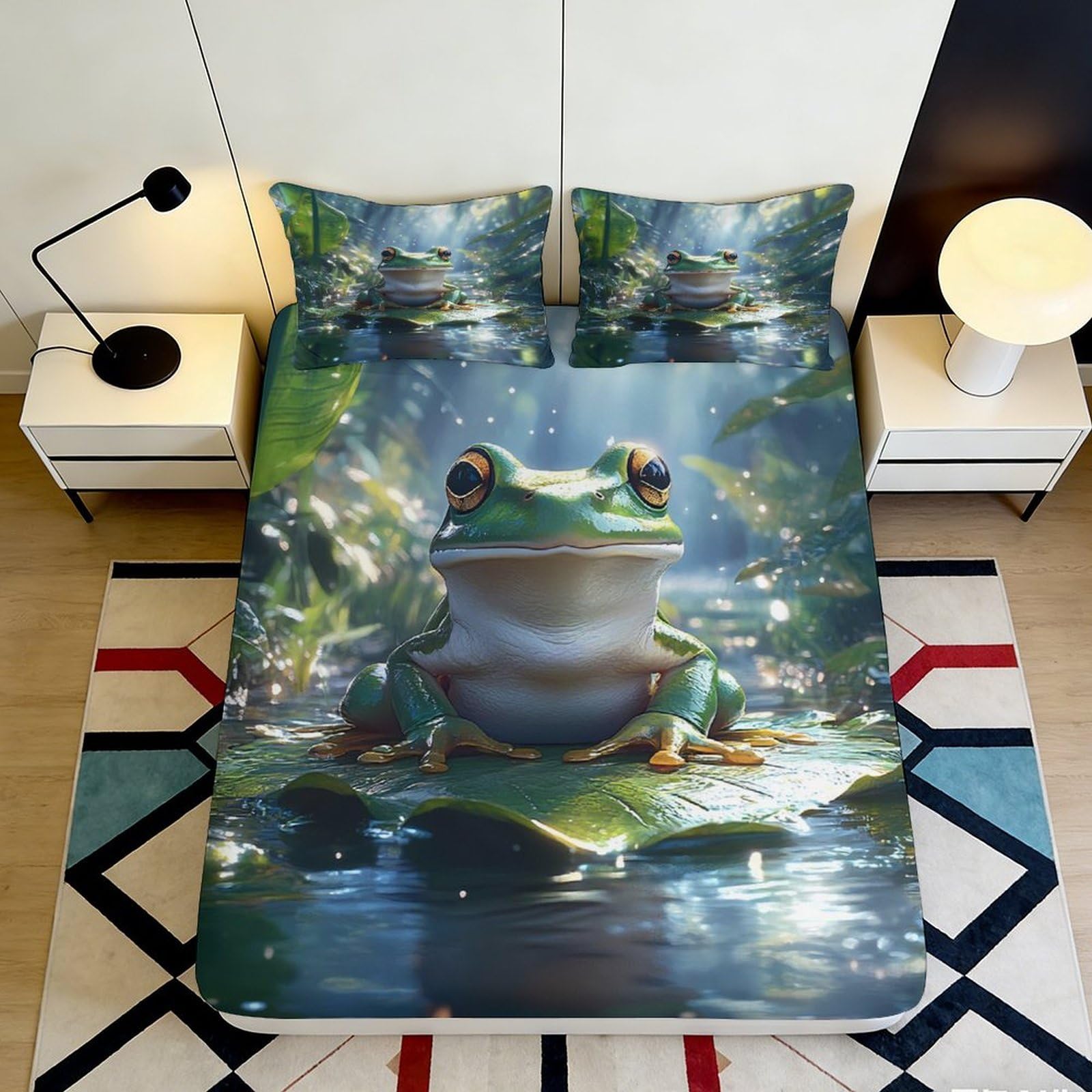 3D Printed Frog 3D Fitted Sheet Microfiber Soft Breathable Pond Scene Bed Cover for Bedroom Dormitory Guest Room Mattress Protection Decor 140x200x25cm