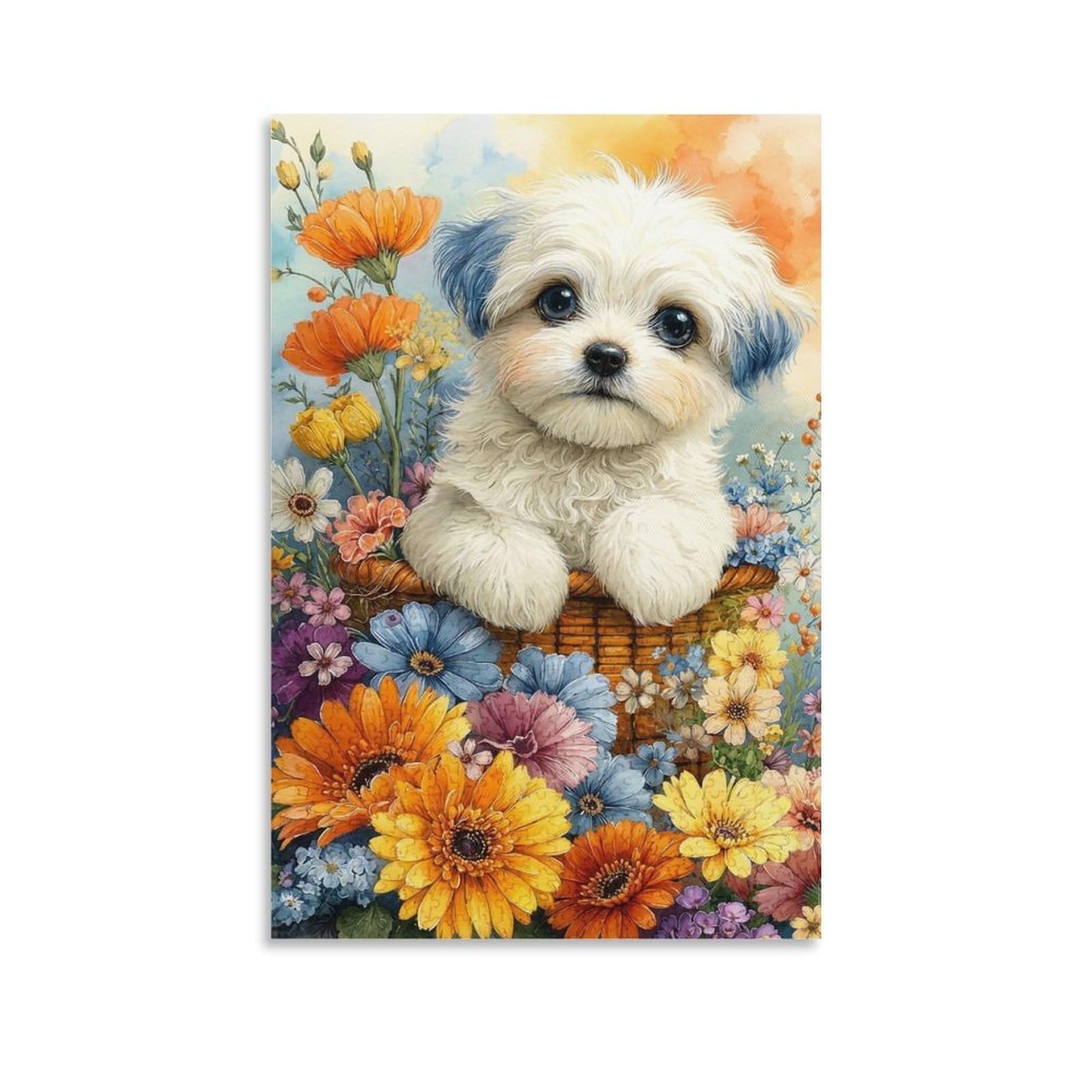DHBANEIOK Cute Puppy in Basket Poster Artwork Canvas Prints Picture Modern Canvas Wall Art Picture Wall Hanging for Living Room Bedroom Home Decorations 20x30inch(50x75cm)