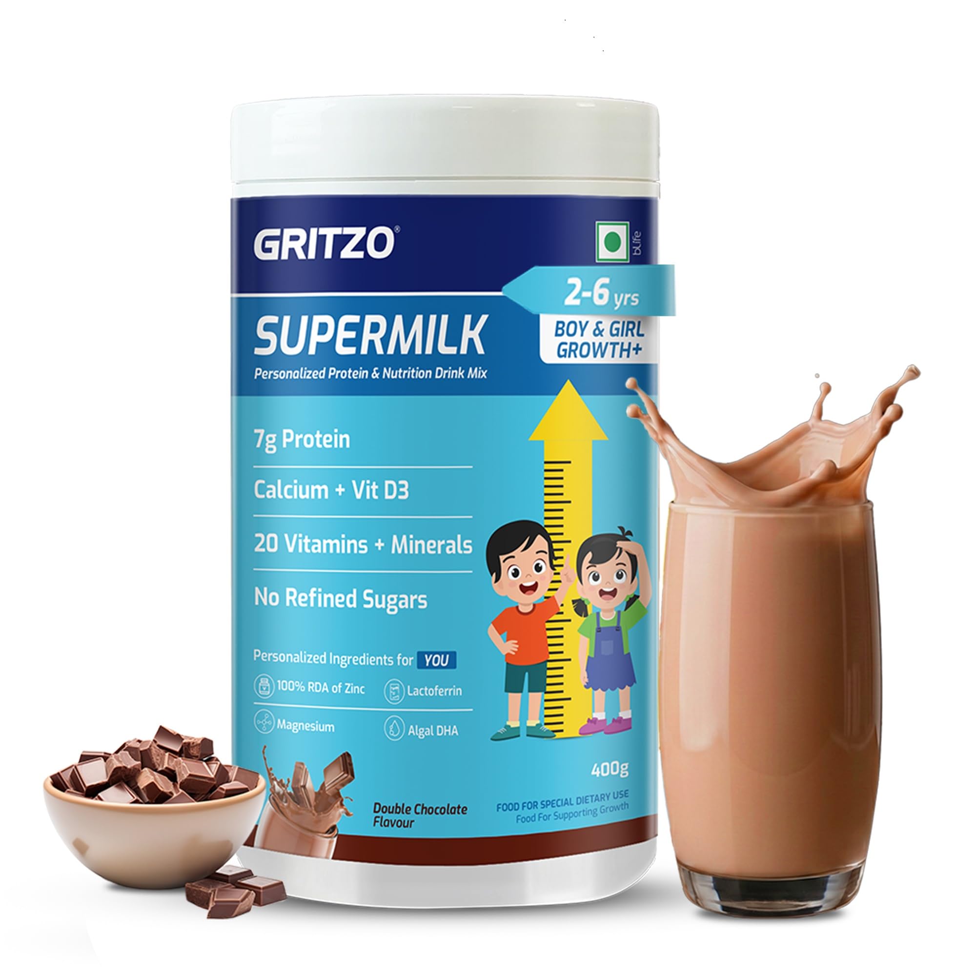 Gritzo SuperMilk Height+ (2-6y), 7g Protein Powder (Double Chocolate, 400g) | Zero Refined Sugar, 21 Vitamins & Minerals-picture-12
