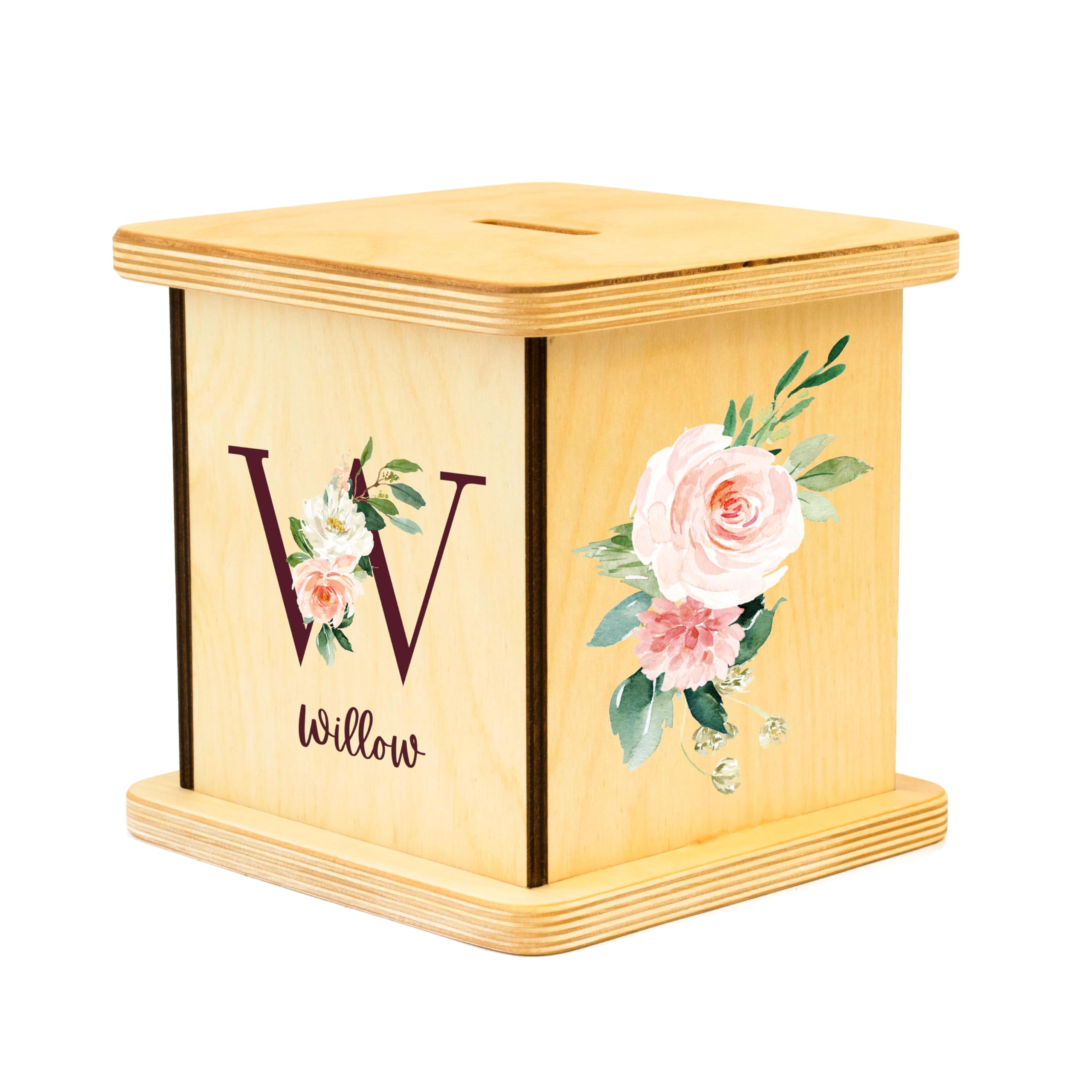Wooden Piggy Bank for Kids and Adults, Personalized Gift Handmade in USA by BloomOwl, Custom Piggy Bank, Personalized Banks for Kids, Gifts for Baby Boys and Girls (Floral Initial)