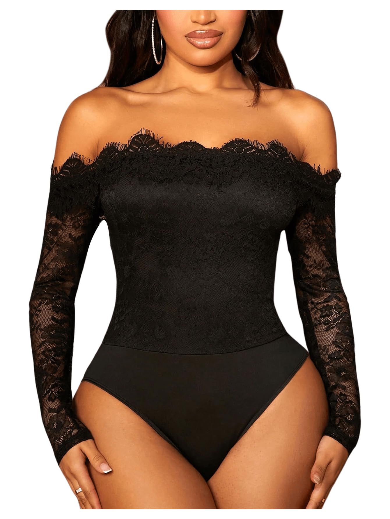 WDIRARA Women's Off Shoulder Floral Lace Bodysuit Mesh Long Sleeve Leotard Top