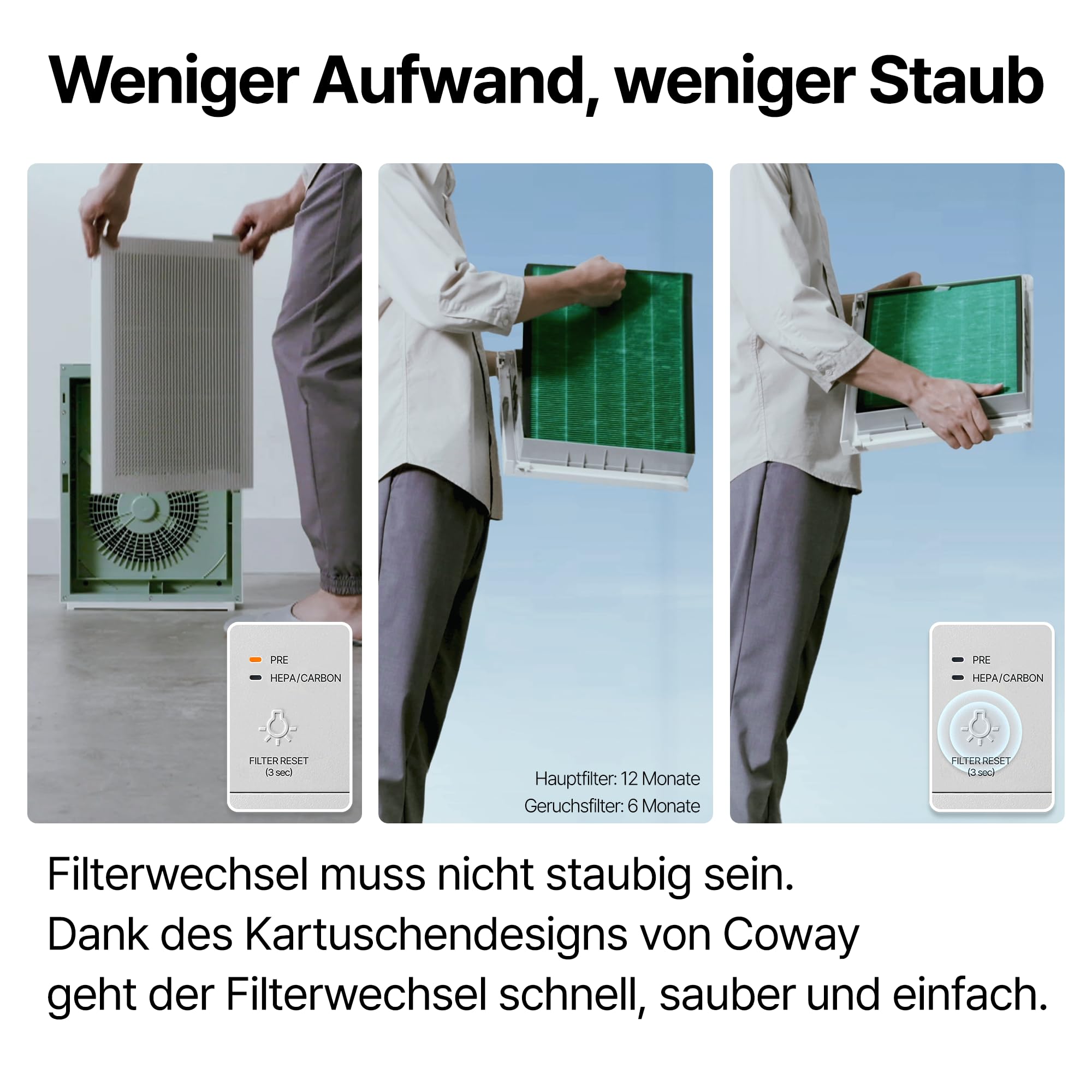 COWAY Luftreiniger Allergiker Zuhause Schlafzimmer air purifier, ECARF und Quiet Mark, Sleep Mode 20 dB, Vorfilter oben entnehmbar und waschbar, Allergie Rauch Pollen Haustiere, Airmega 150, Weiß