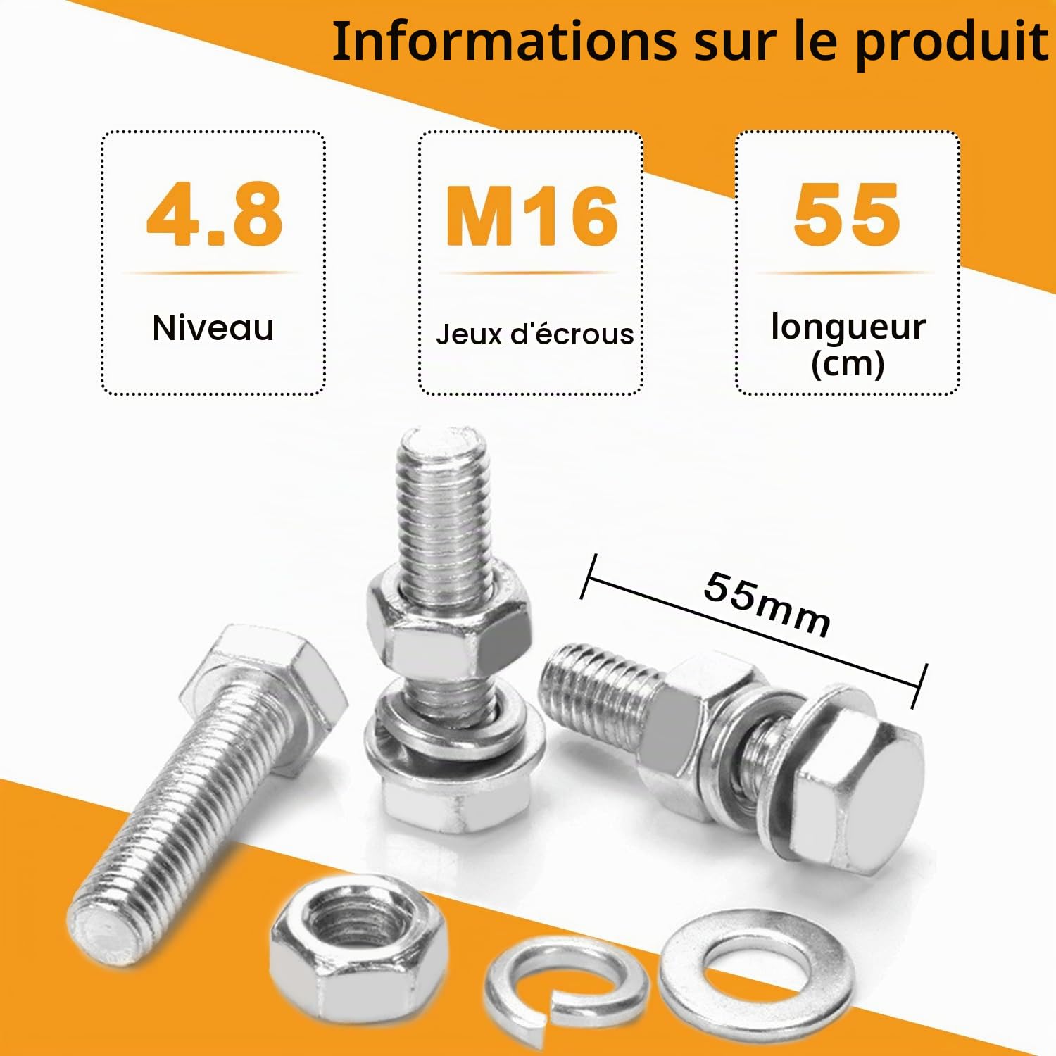 Lot de 2 boulons de fixation M16 x 55 mm pour boule de remorquage haute résistance M16