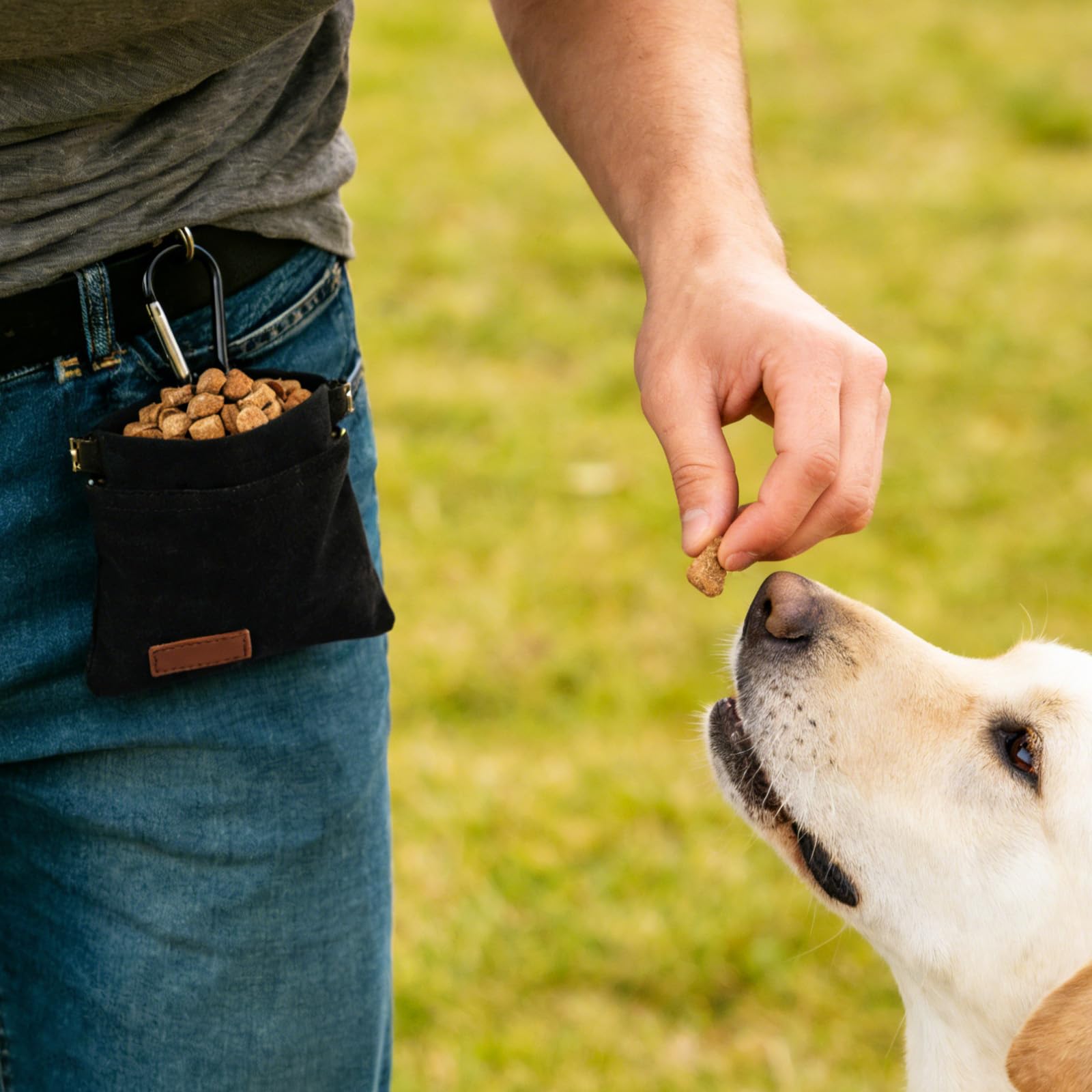 Leckerlibeutel für Hunde, freihändiges Hundetraining, Leckerlibeutel mit Karabiner, tragbare Haustierfutter-Snack-Tasche für Reisen oder den Außenbereich, selbstschließend, 2 Stück