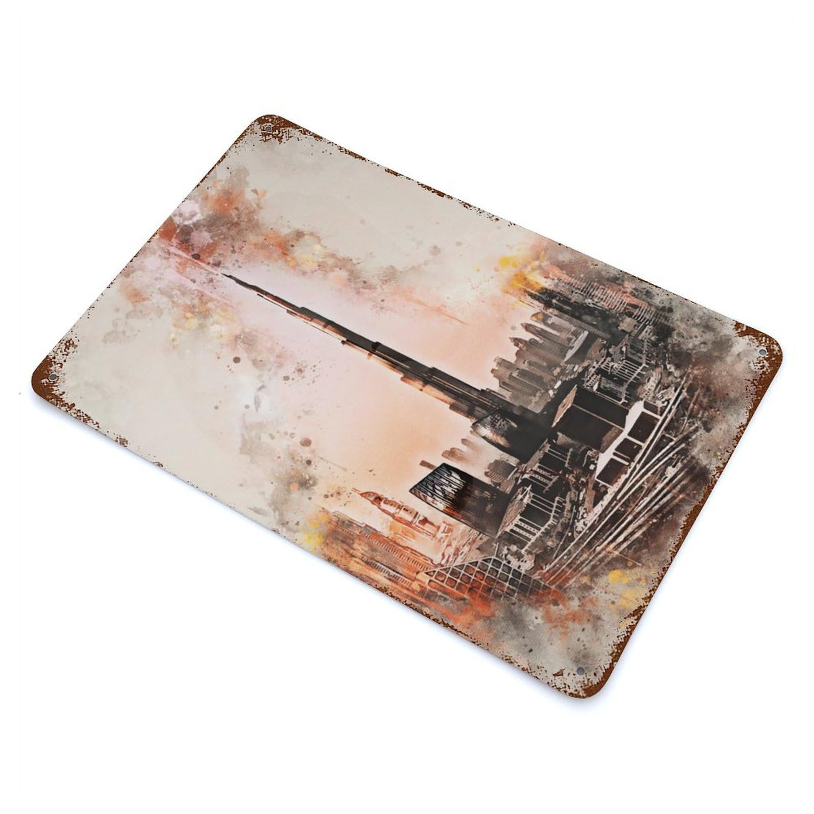 Burj Khalifa in Watercolor Weathered Tin Sign 11.8"x7.9", Novelty Wall Decor for Garage, Pub Or Kitchen