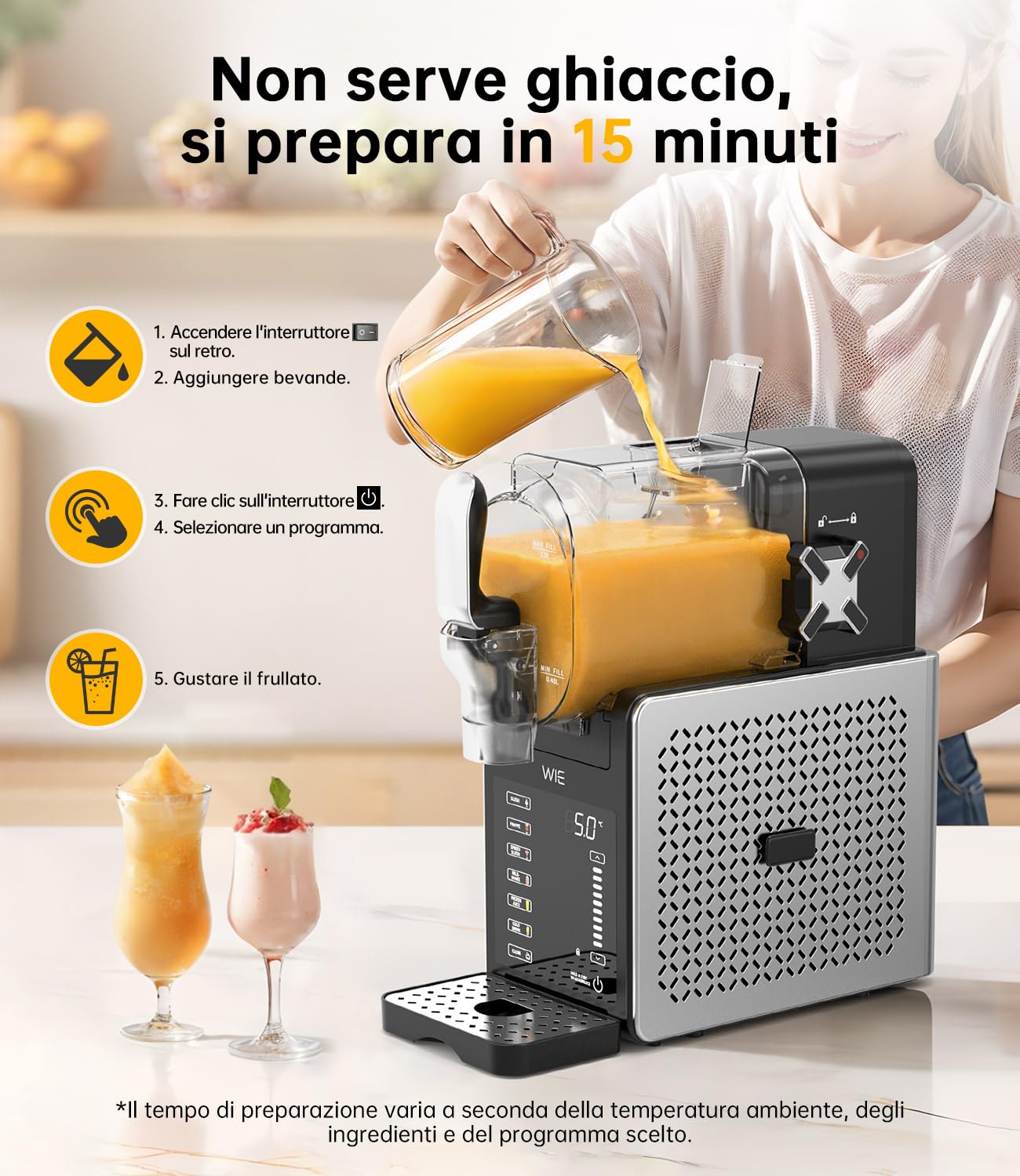 WIE Macchina per Granite, 2.6L Macchina Granita per Casa con Autopulizia, Non Serve Ghiaccio, 6 Modalità Preimpostate, Schermo Touch LED, Macchina Granita per Margarita/Cocktail/Milkshake/Frappé