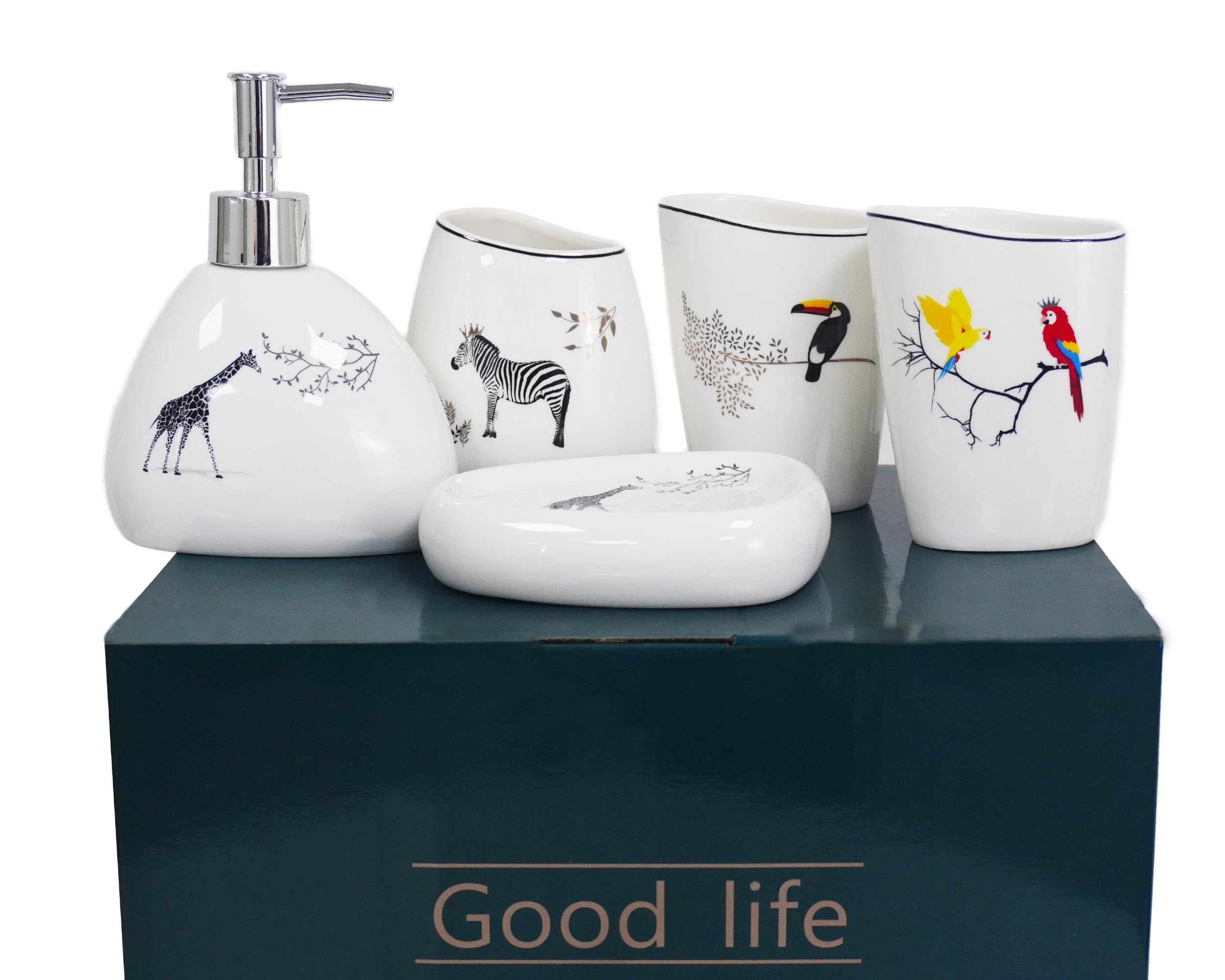 Juego de accesorios de baño de cerámica de 5 piezas con patrón de animales, incluye dispensador de jabón, soporte para cepillo de dientes, jabonera y 2 tazas de enjuague bucal, decoración