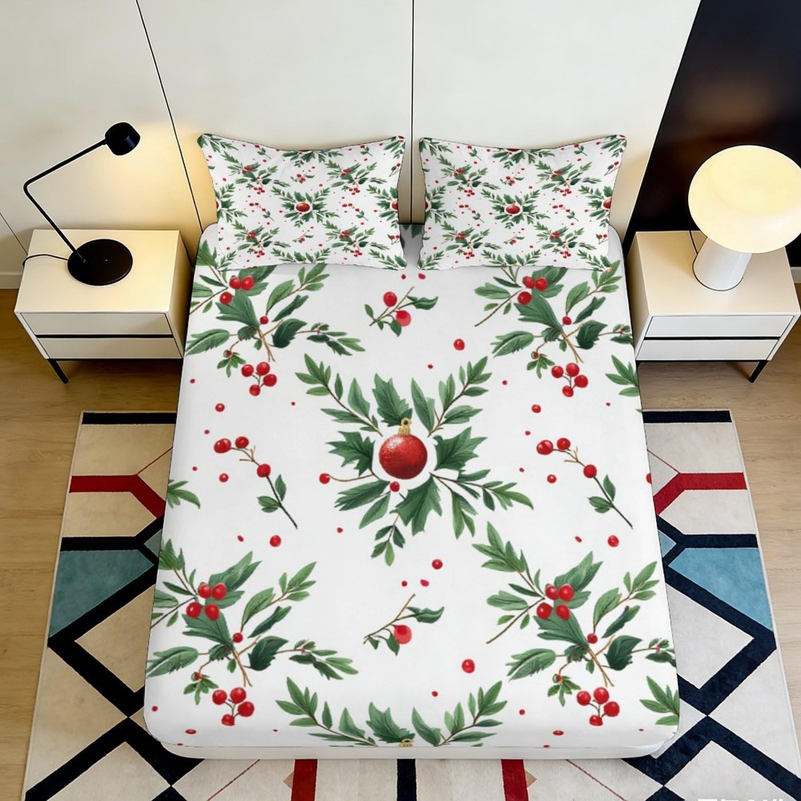 3D Printed Christmas Holly Fitted Sheet Microfiber Soft Floral Berry Bed Cover for Bedroom Guest Room Decor 90x200x25cm