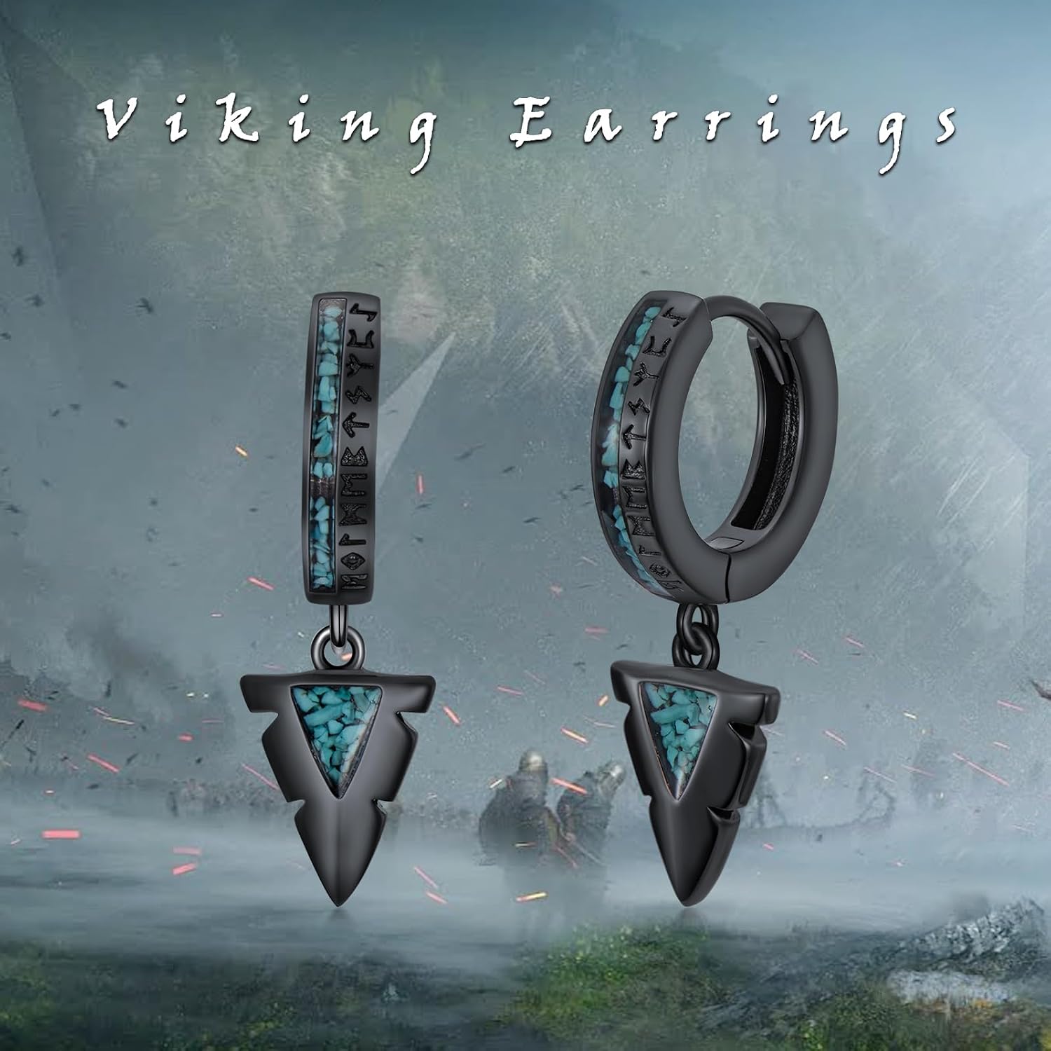 Gothic Punk Black Viking Runes/Wolf Head/Valknut Drop Dangle Earrings For Man 925 Sterling Silver Spike Dangle Drop Huggie Hoop Earrings Viking Jewelry Gifts for Women