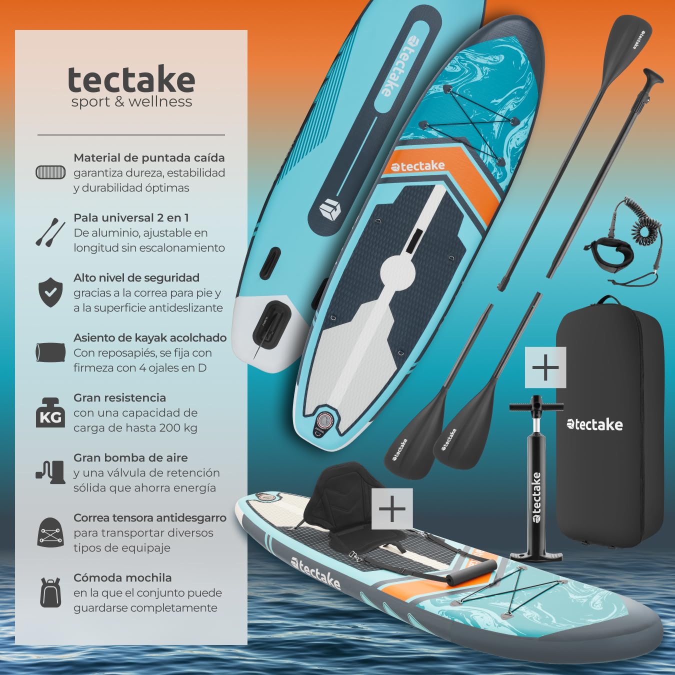 tectake® Tabla de Paddle Surf Hinchable, Incluye Remo 2 en 1, Asiento Incorporado de Kayak, Sup Hinchable, Bomba de Aire, Mochila Remo Doble y 3 Aletas, Tabla Hinchable, Carga Máx: 200kg