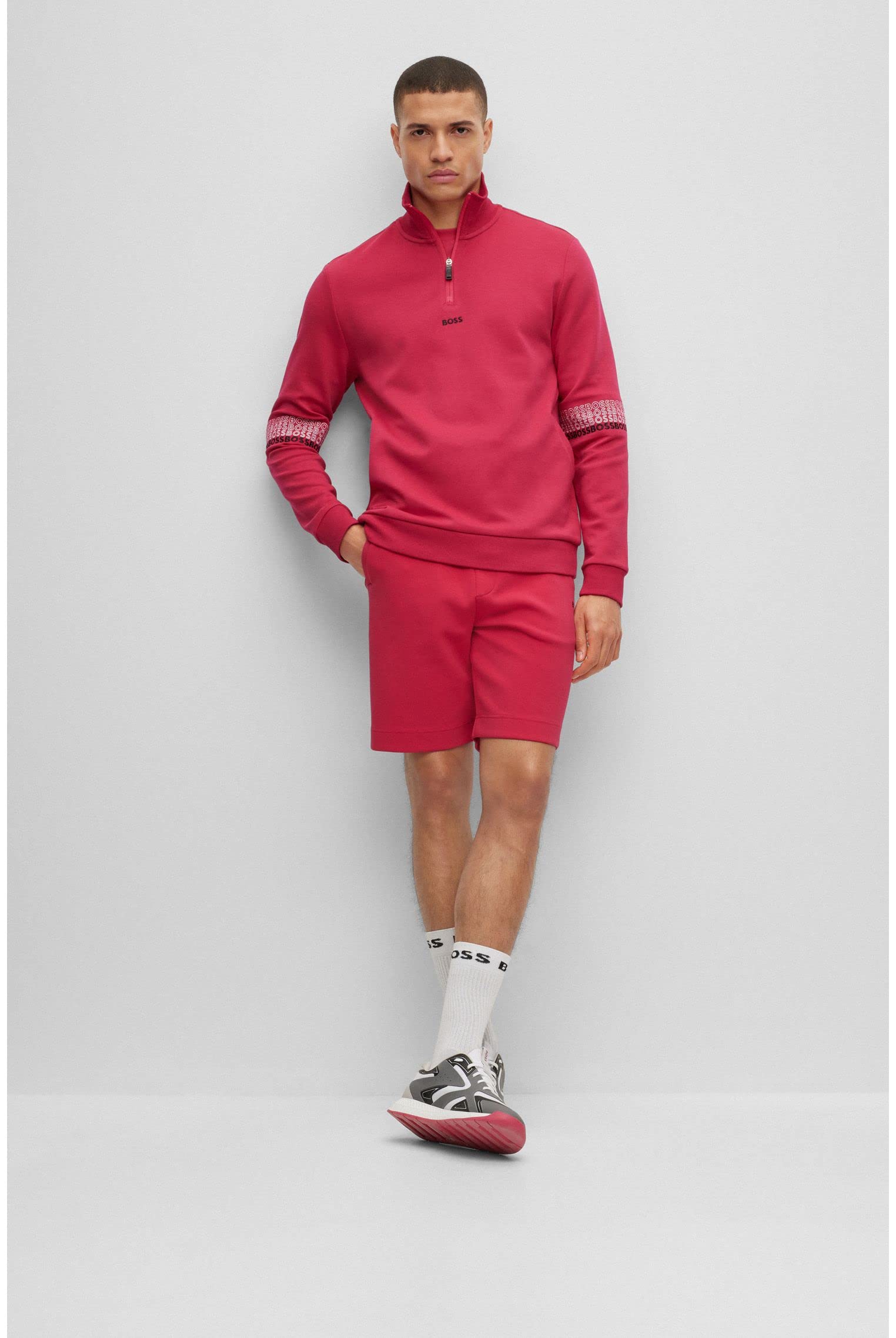 BOSS Męska bluza dresowa 1 z kołnierzem Troyer i wyszywanym logo, Rosa, XL