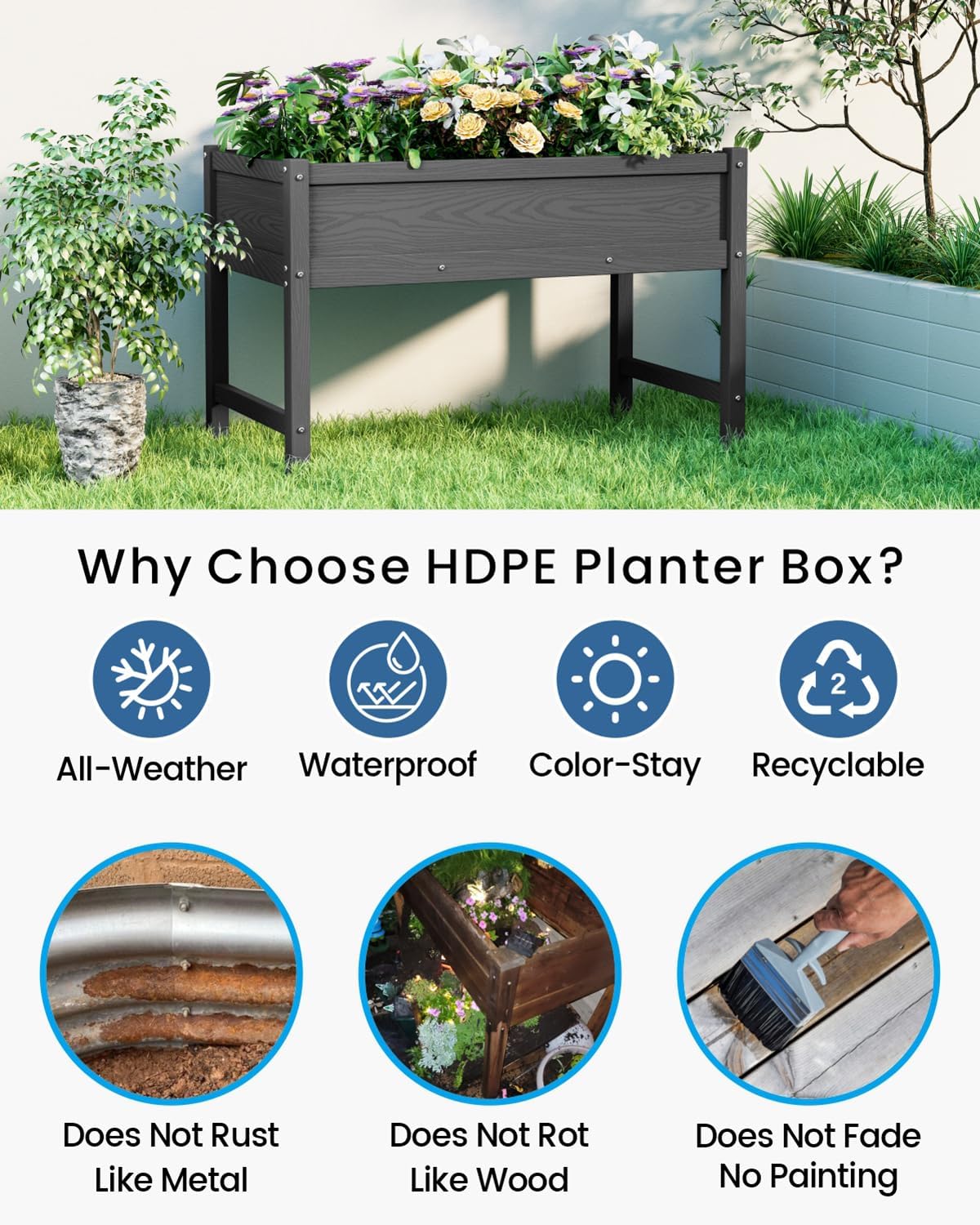 HDPE Raised Garden Bed with Legs, Outdoor All-Weather Elevated Planter Box Raised Beds for Seeds, Herb, Flower, Vegetable (Black)