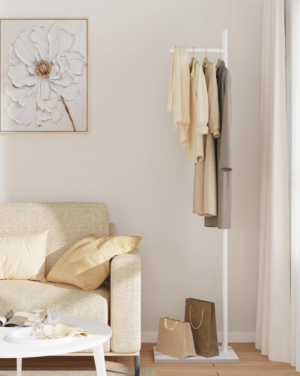 Yawinhe Garderobenständer,Freistehender Kleiderständer, Jackenständer,Metall Kleiderbüge mit Rock Slab Base, Für den Einsatz im Wohnzimmer, Schlafzimmer 39×26×174cm,Weiß