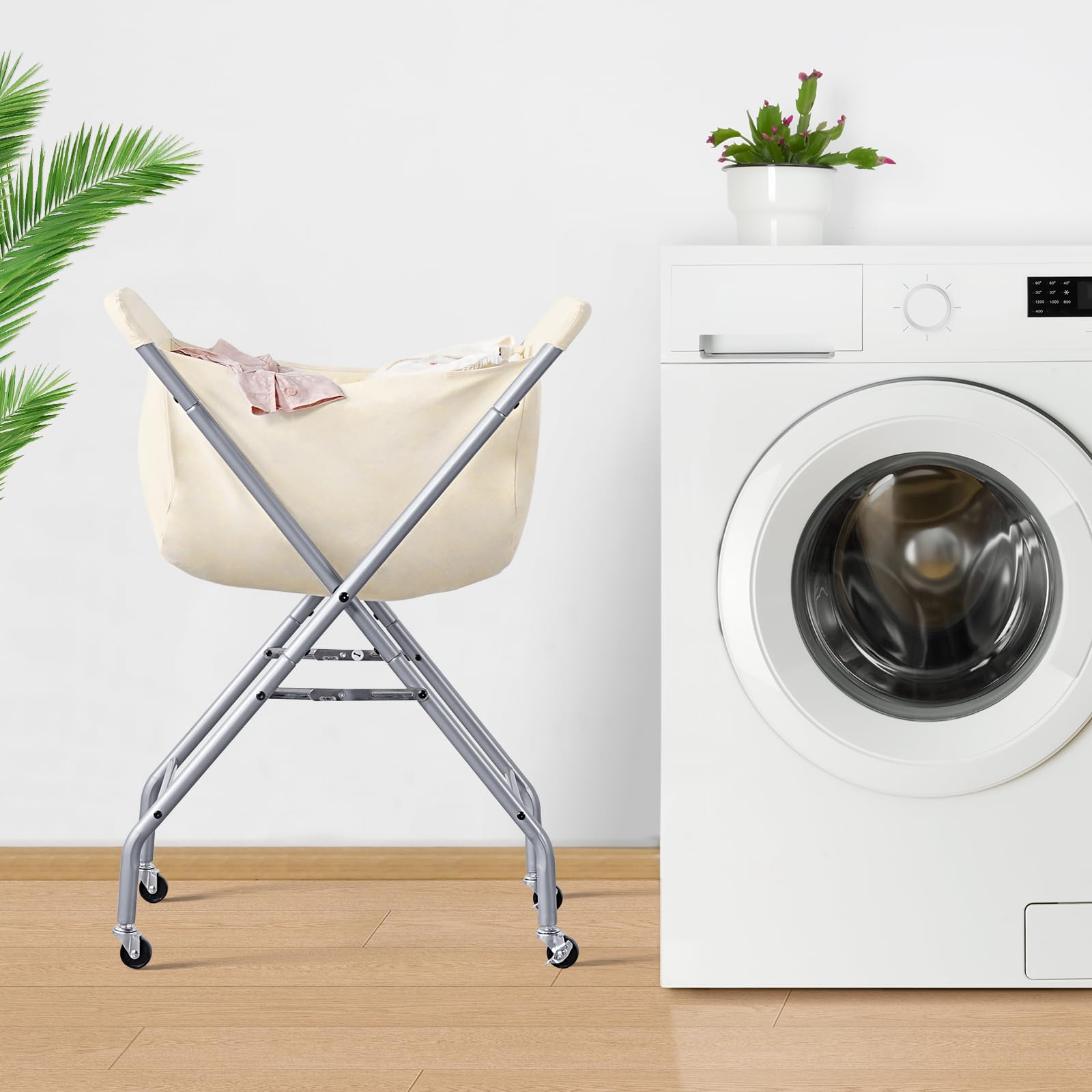 ELYKEN Carrello per bucato con ruote, cesto portabiancheria facile da rotolare da 81 cm di altezza con sacchetto interno removibile da 52 L, robusto cesto per vestiti con struttura in metallo e 4