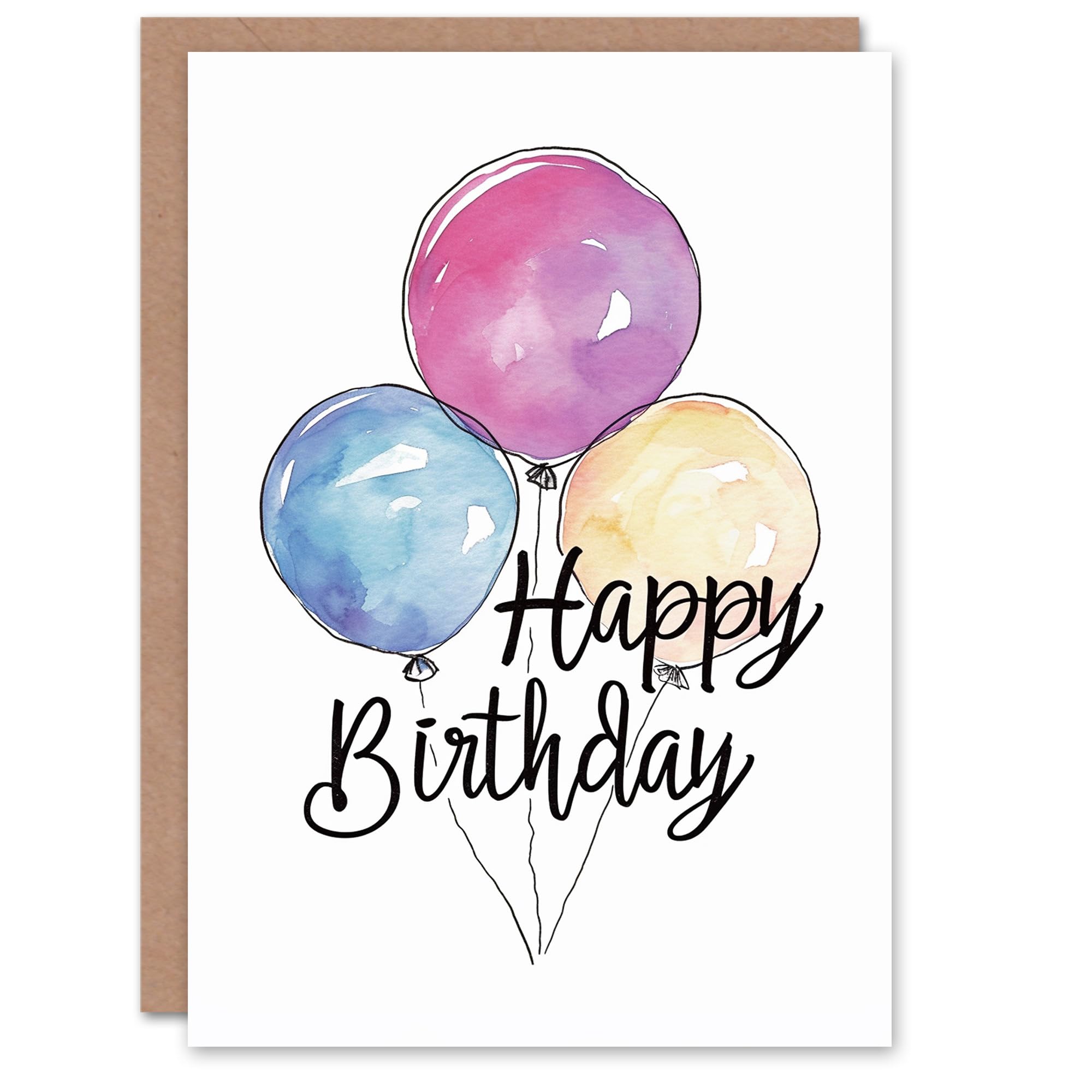 Artery8 Birthday Card Three Pastel Watercolour Balloons Simple Classic For Him Her Man Woman Girl Boy Wife Husband Greeting Card