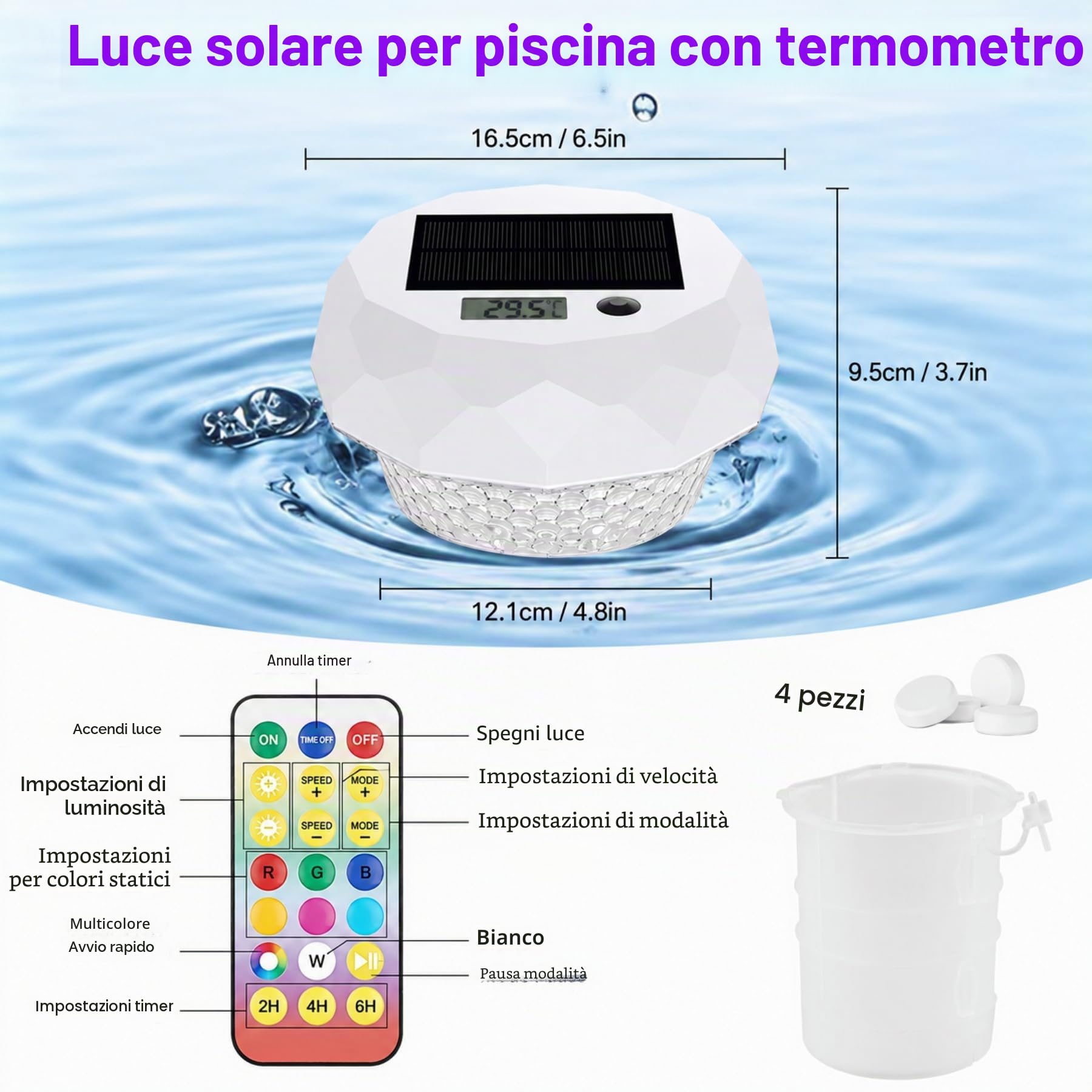 Termometro Digitale Solare per Piscina–Termometro Galleggiante con Display e Funzione Timer, Termometro per Piscina con 8 Effetti Luminosi Dinamici, Termometro Digitale Impermeabile IP68 per Piscine