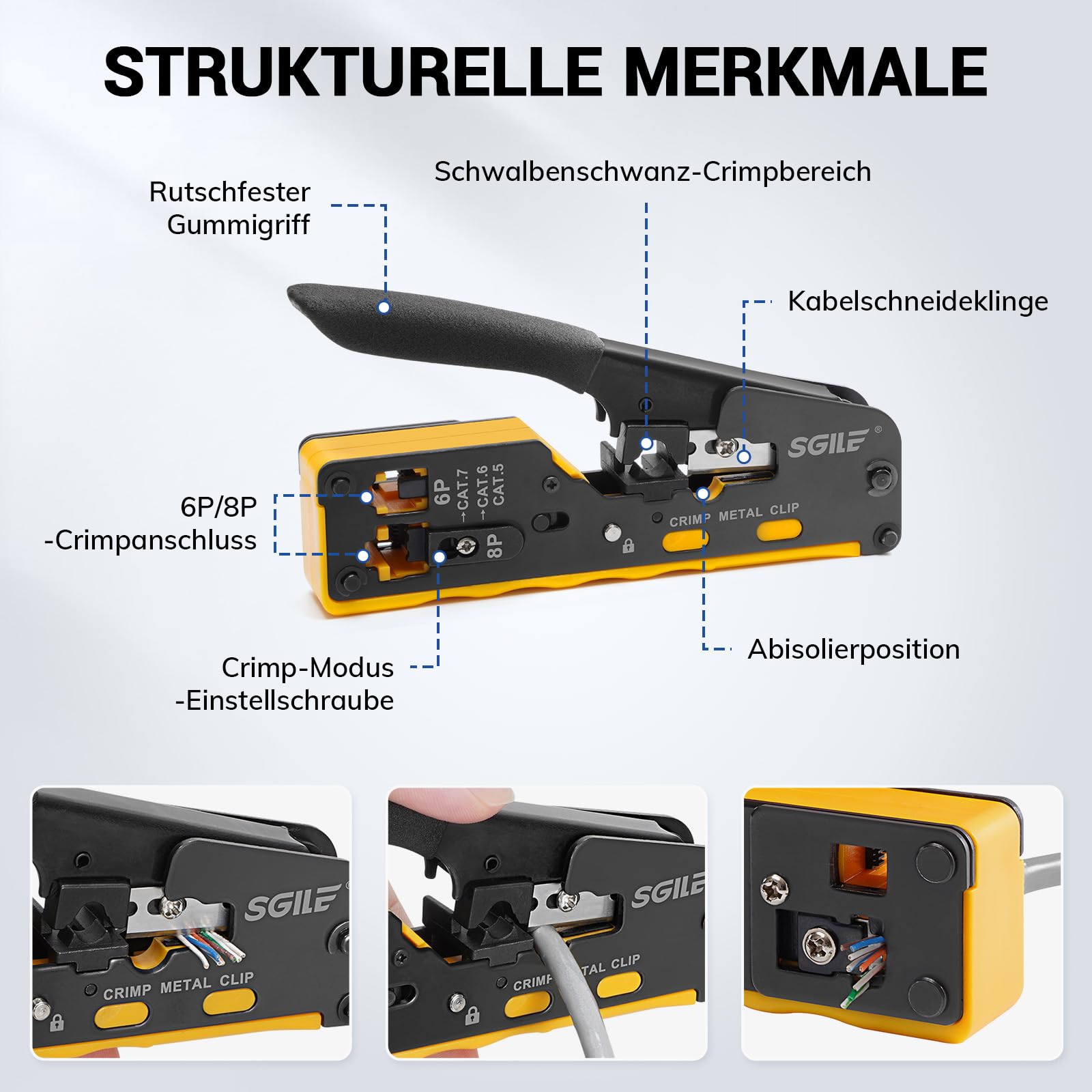 SGILE Crimpwerkzeug-Set RJ45, Werkzeug Paket für Cat5 Cat6 Cat7, Durchgangs-Abisolier und Schneidwerkzeug, Ethernet-Kabel-Wartungssets, Kabeltester, Cat5/6/7, 25 Stecker, für Computer-LAN-Kabel