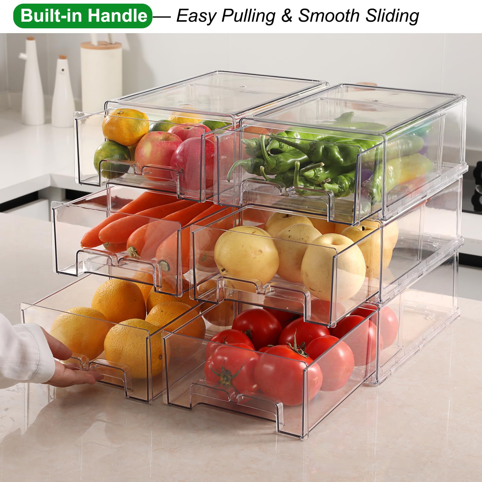Taiuloo Paquete de 2 cajones de refrigerador, contenedores organizadores transparentes para refrigerador con cajón extraíble, contenedores de almacenamiento de alimentos sin BPA, caja de