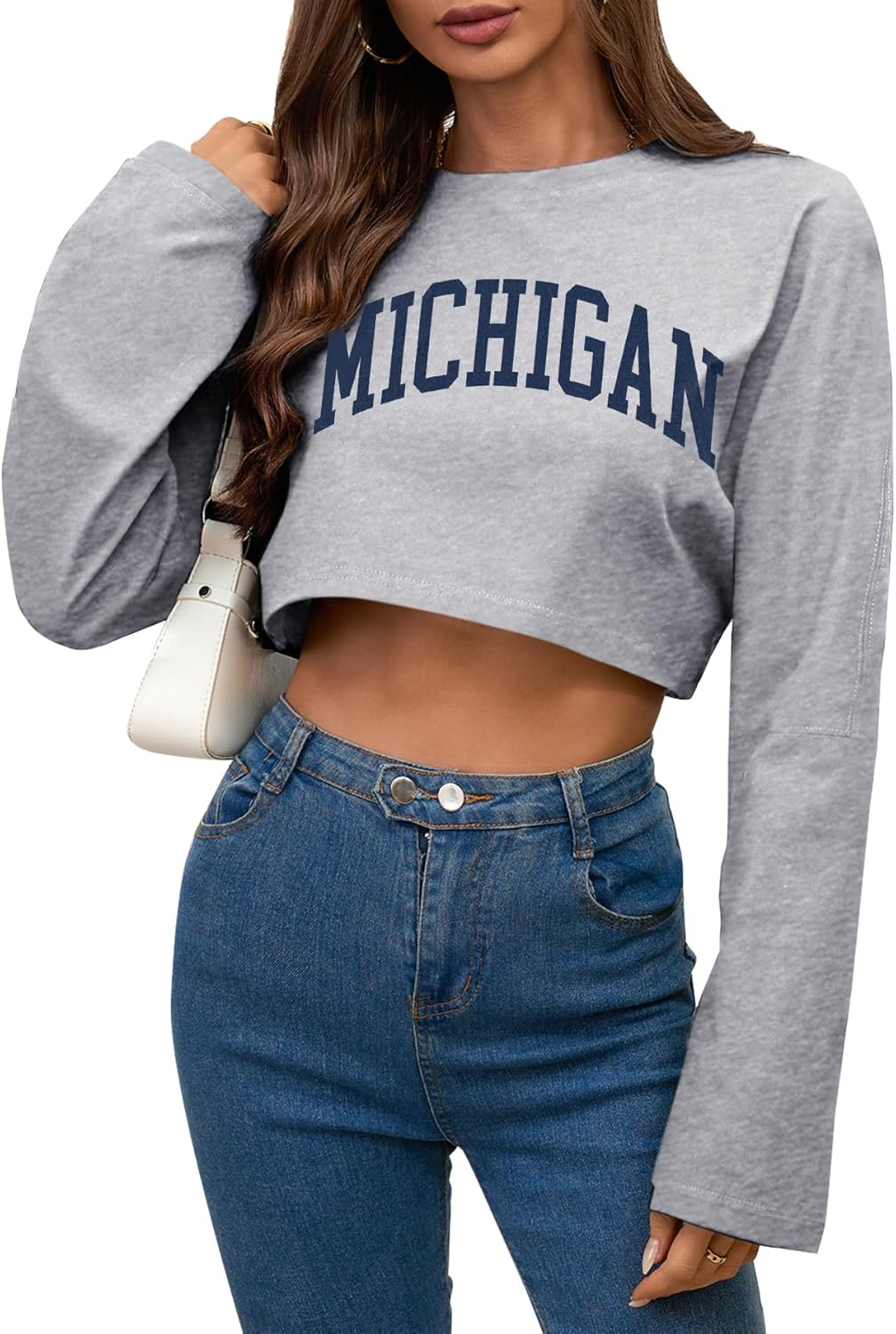 LovelyWholesale レディース 長袖 クロップドスウェットシャツ オーバーサイズ クルーネック ワークアウトトップス