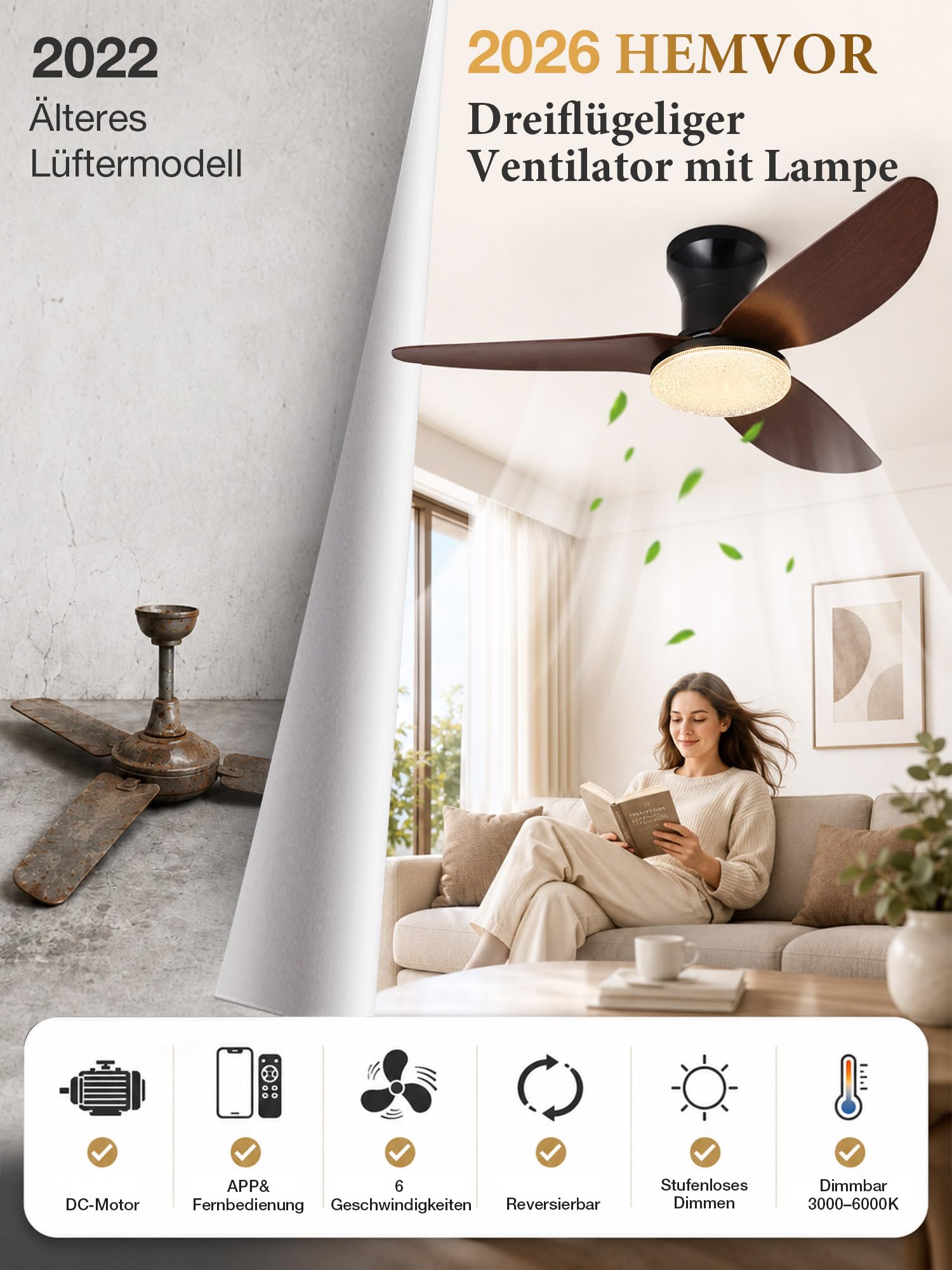 Deckenventilator mit Beleuchtung Leise, Kristalloptik, 100 cm, Reversibler DC-Motor, Dimmbare LED-Lampe mit Ventilator, App und Fernbedienung, 6 Gang, Timer, für Schlaf- und Wohnzimmer