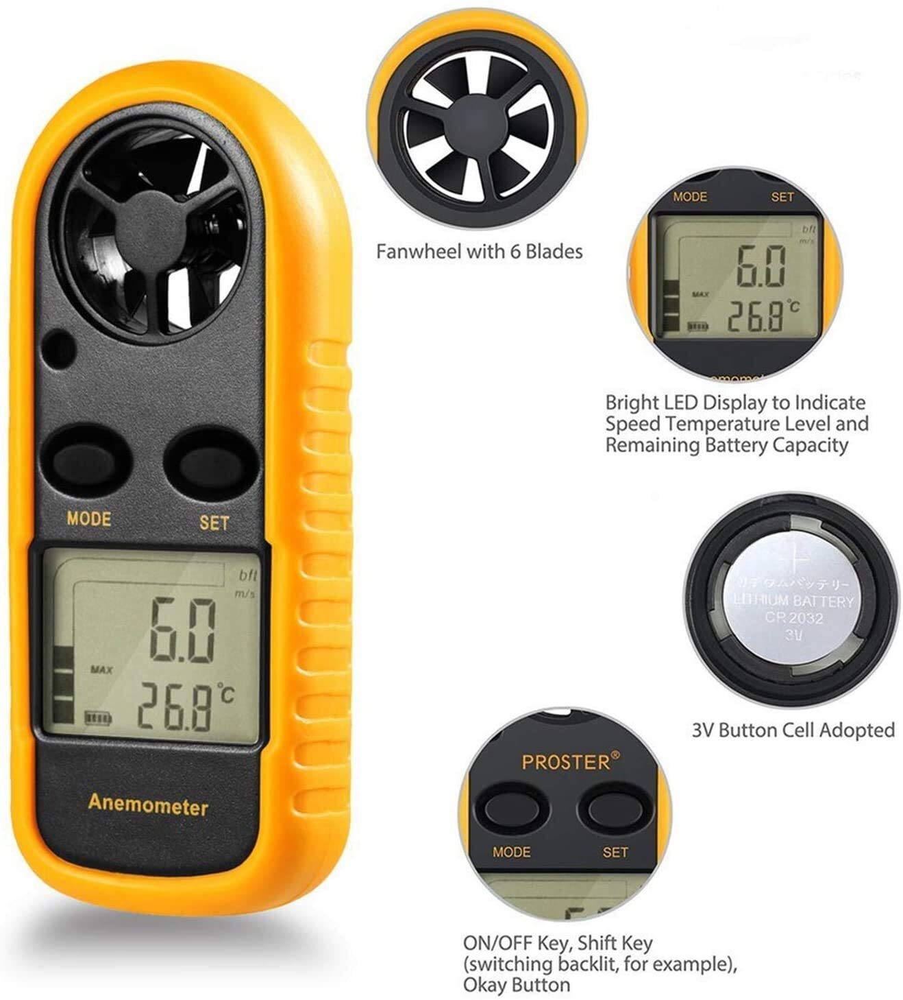 JJJ Anemometro Portatile Digitale, con Display LCD for misurare velocità del Vento, Temperatura e raffreddore del Vento (Giallo + Nero)