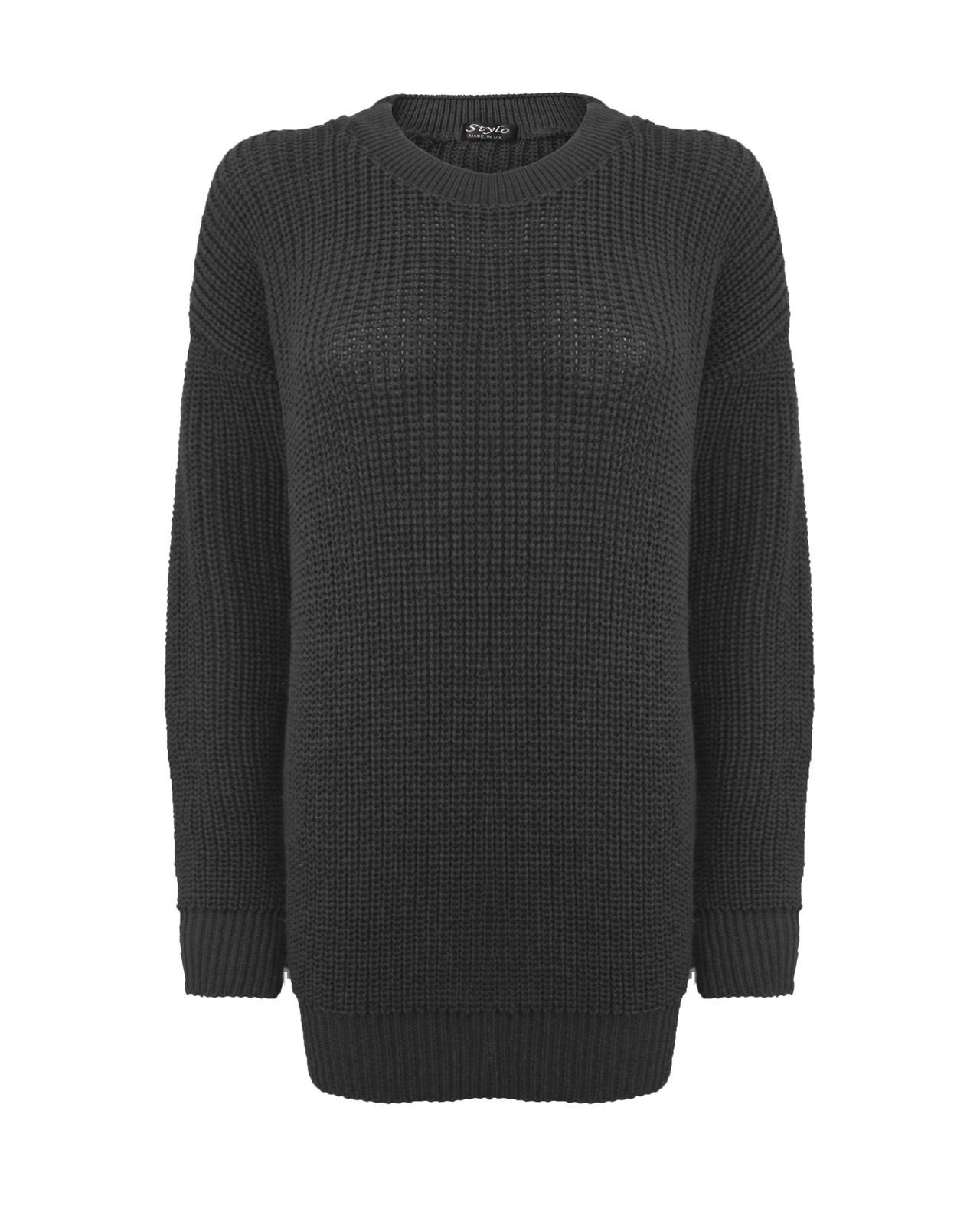 New Ladies Women Oversized Long Sleeve Knitted Baggy Jumper Sweater Crew Neck Pullover Top[Black,XXL]