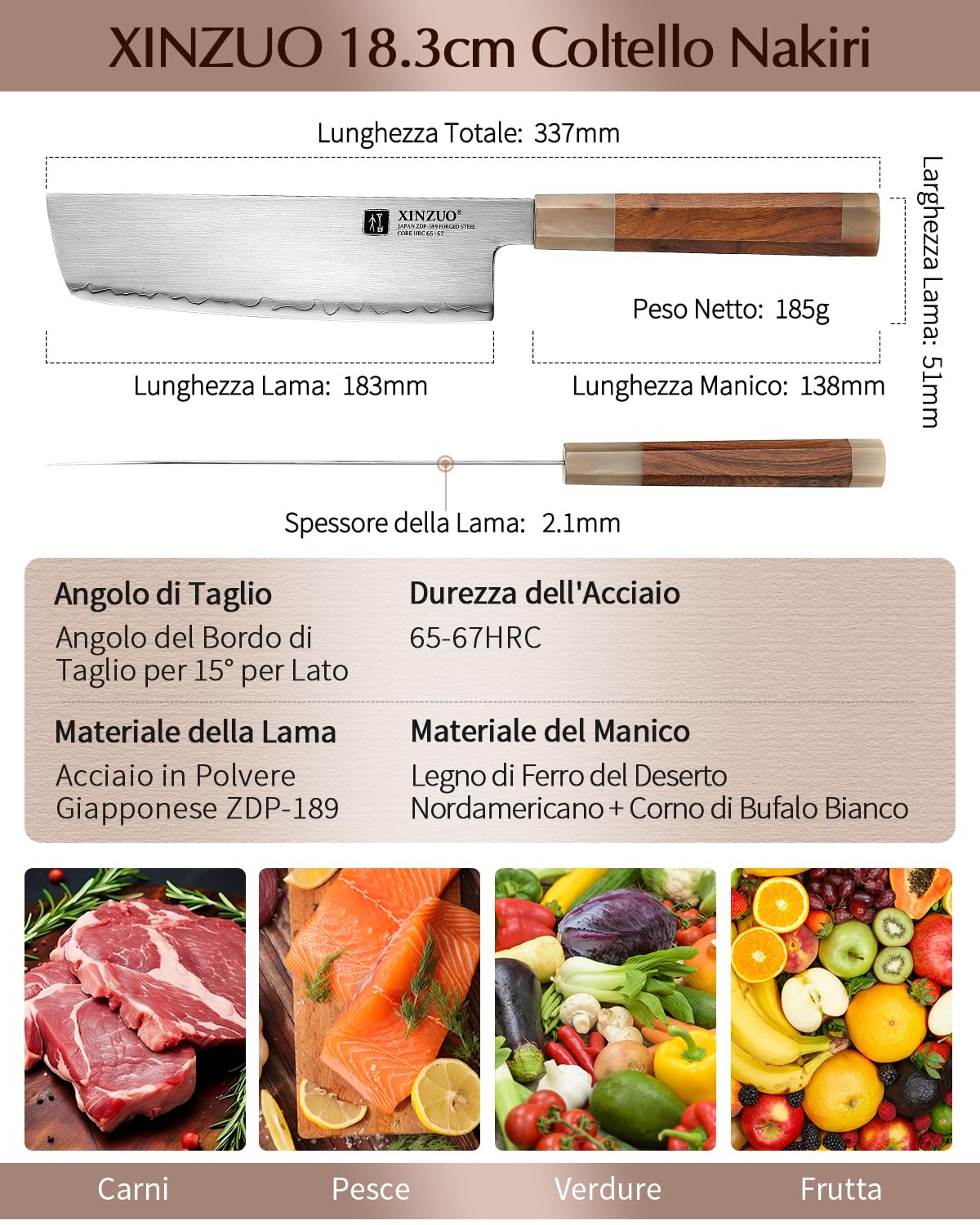 XINZUO Acciaio Giapponese Coltello Nakiri 18.3cm Coltello da Cucina, Forgiato a Mano Coltello da Cuoco Acciaio in Polvere Giapponese ZDP-189, Affilate Coltello per Verdure -Manico in Desert Ironwood
