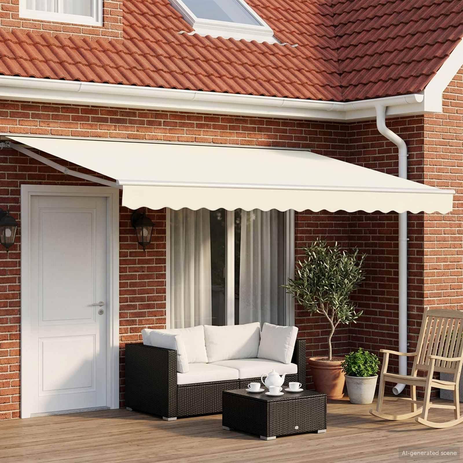 LKJephalotrope 16x10ft Motorized Retractable Awning with Remote, Cream | Features a metal frame and half-cassette design, offering manual crank override for patio and garden sun protection.