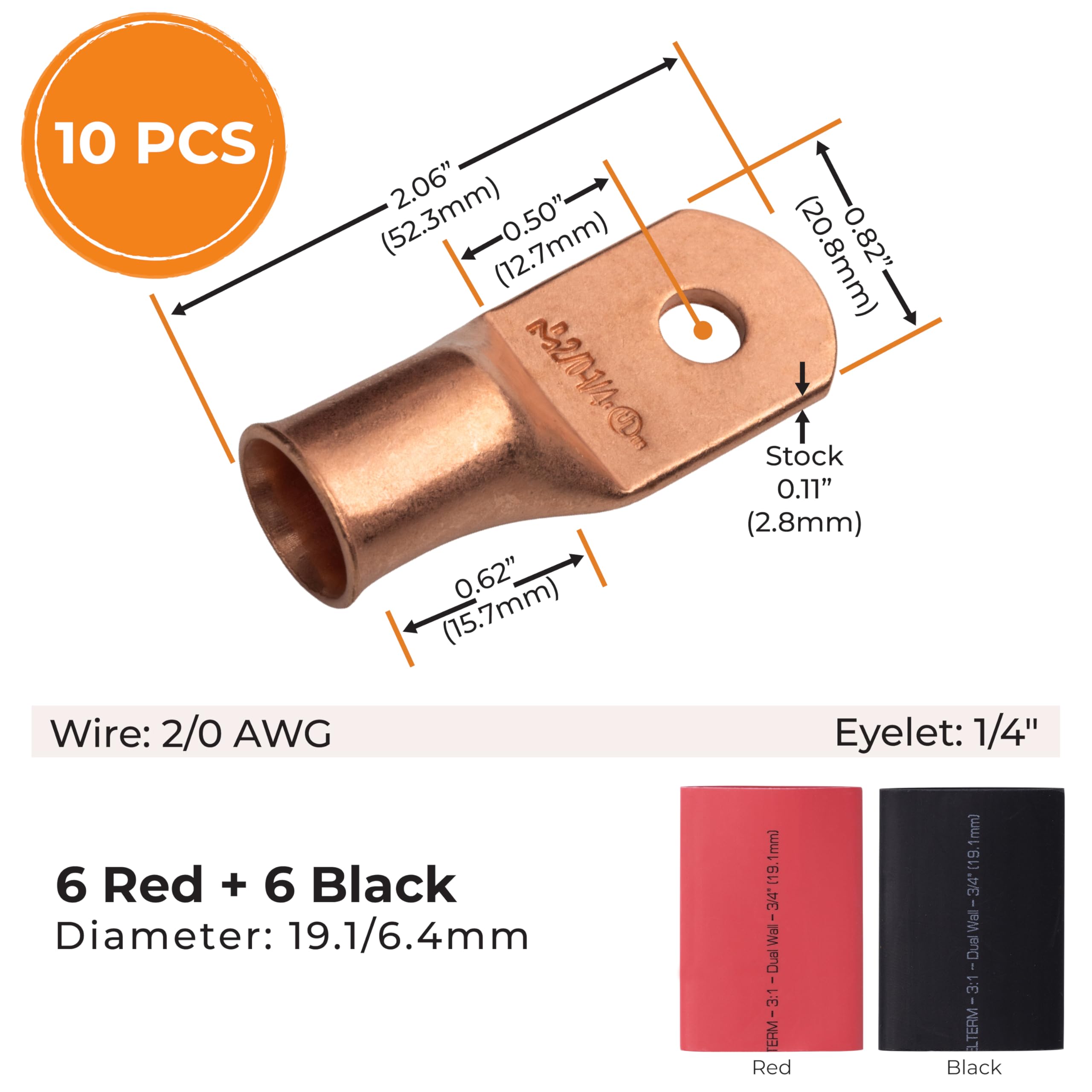 SELTERM 10 pièces - 2/0 AWG - Boulon 1/4" - Bornes de batterie - Connecteurs de bornes à anneau | Avec 12 tubes thermorétractables 3:1 noir et rouge avec adhésif | Extrémités de câble :