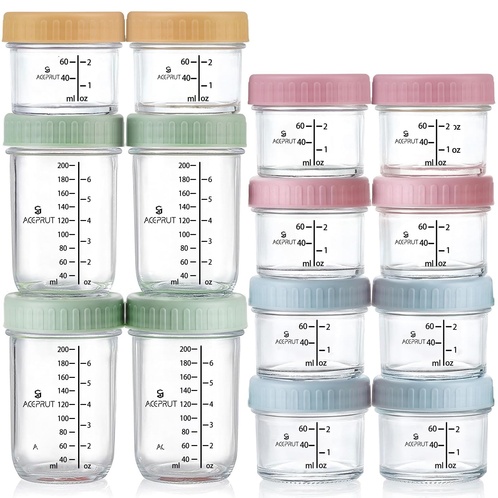 ACEPRUT 14 Stück Glas Babybrei Einfrieren Behälter, Beikost Baby Zubehör, Babynahrung Aufbewahrung, Auslaufsicher, BPA-frei, Mikrowelle, Geschirrspüler & Gefrierschrank sicher