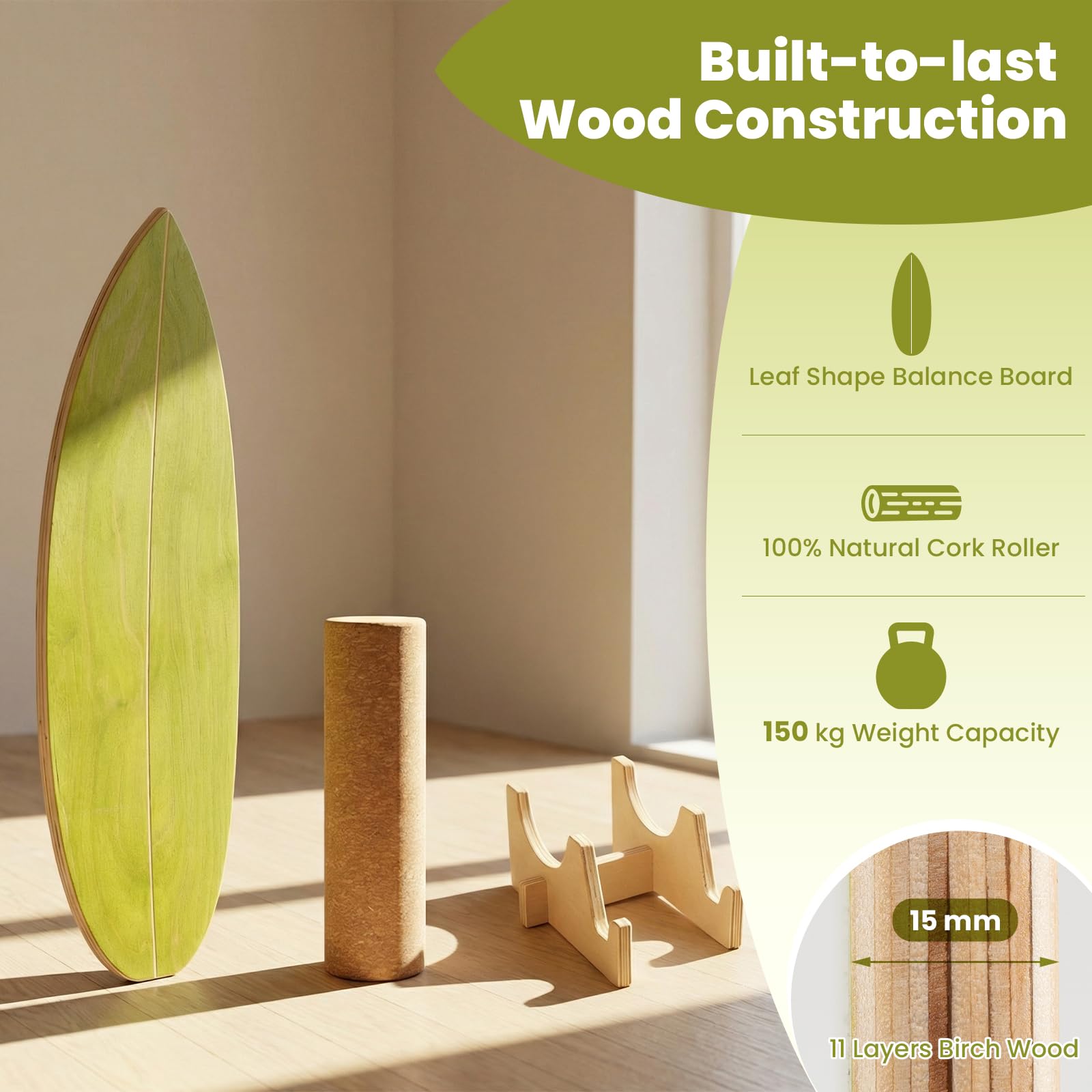 FANTASK Surf Balance Board, Gleichgewichtstrainer mit Korkrolle & Halterung, FSC-Zertifiziert, Stabilitätstrainer aus Birkenholz, Balanceboard bis 150 kg Belastbar, Surfboard Indoor für Erwachsene
