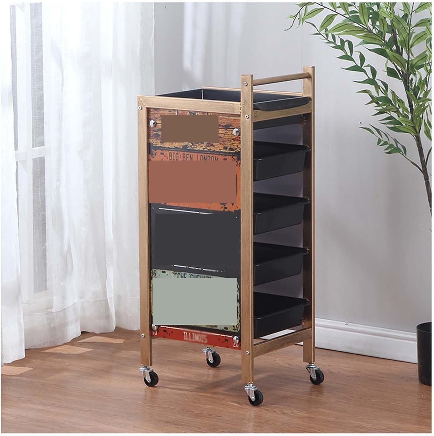 5-tier Round Tube Hairdressing Trolleys with Universal Wheels Open Storage Trolleys with Hairdryer Rack With HandleRoller Trolleys with 12 centimetre Tier Height for Salon Beauty Massage Spa(Multi-col