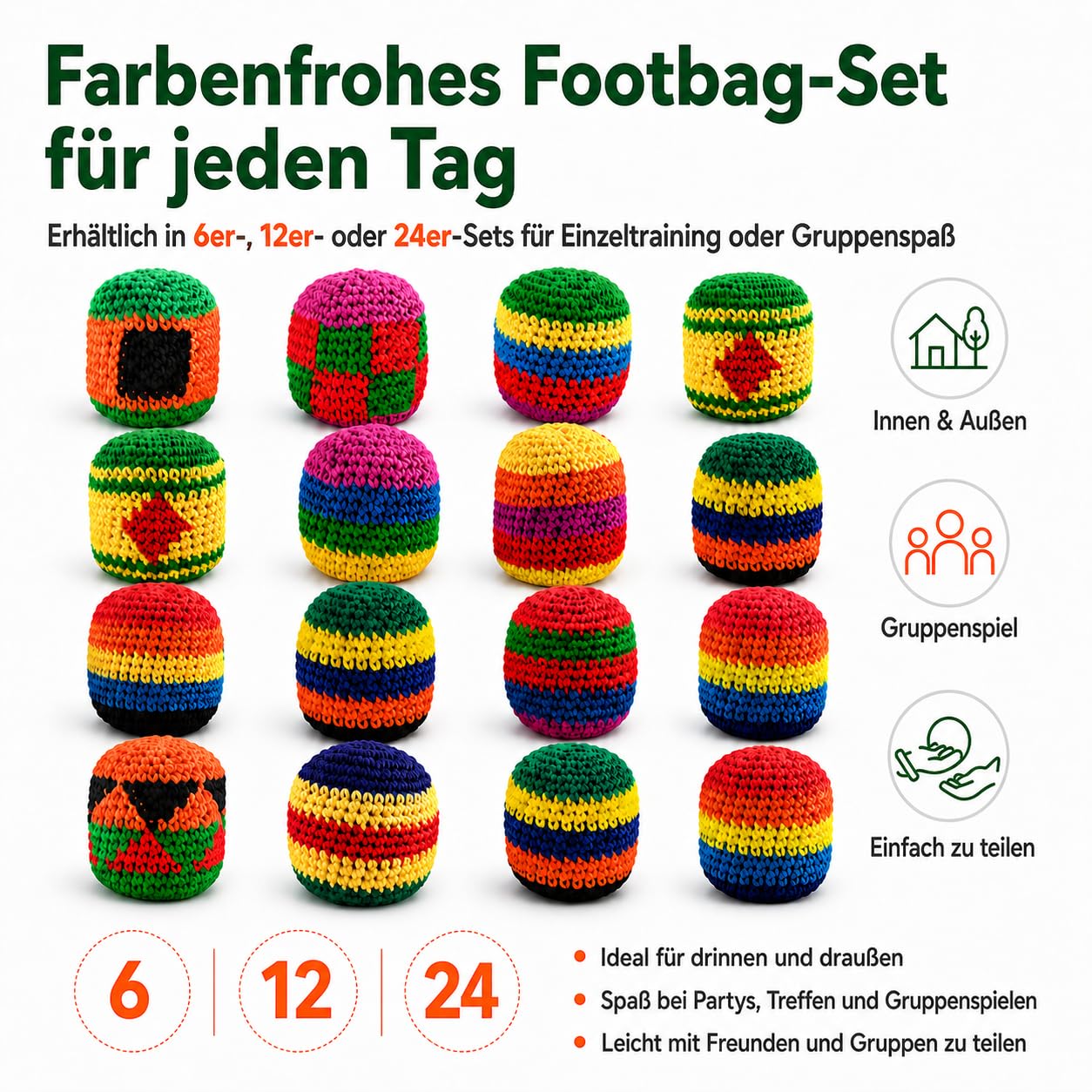 Generisch 6/12/24 Stück gestricktes Footbag-Set, Footbags in Häkeloptik, Bunte Jonglierbälle und Kickbeutel, weiches Wurfbeutel-Set für Outdoor-Aktivitäten und Partys