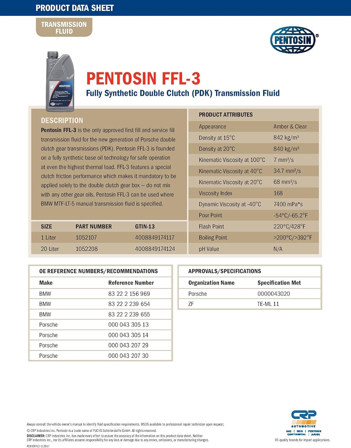 Pentosin 1052107 FFL-3 Full Synthetic Double Clutch Transmission Fluid for Select Porsche PDK Transmissions; 1 Liter