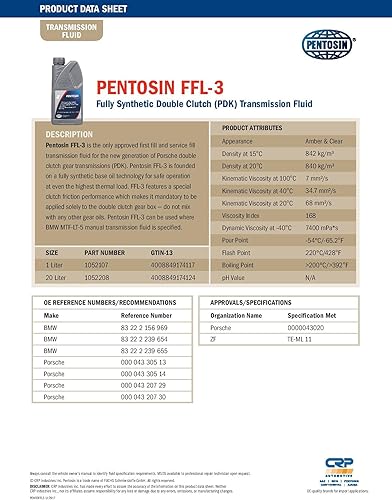 Miniatura 5 de Pentosin 1052107 FFL-3 - Líquido de transmisión de doble embrague sintético completo para transmisiones Porsche PDK seleccionadas, 1 litro