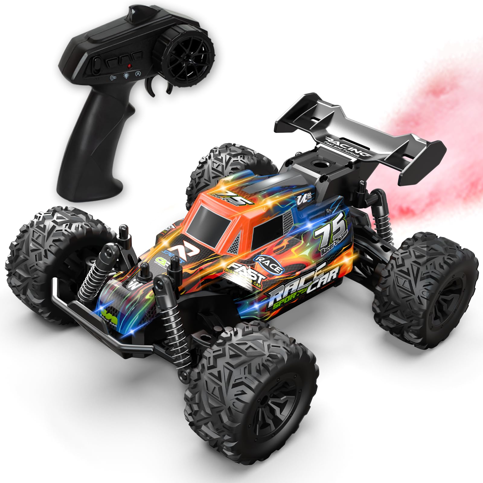 CHEELBORSI Remote Control Car, 1:18 Remote Control Monster Truck Off-Road RC Cars, 2.4GHz Fast Remote Control Racing Car with LED Light, Spray RC Truck with Auto Demo Mode for Boys 4-7 8-12 Girls