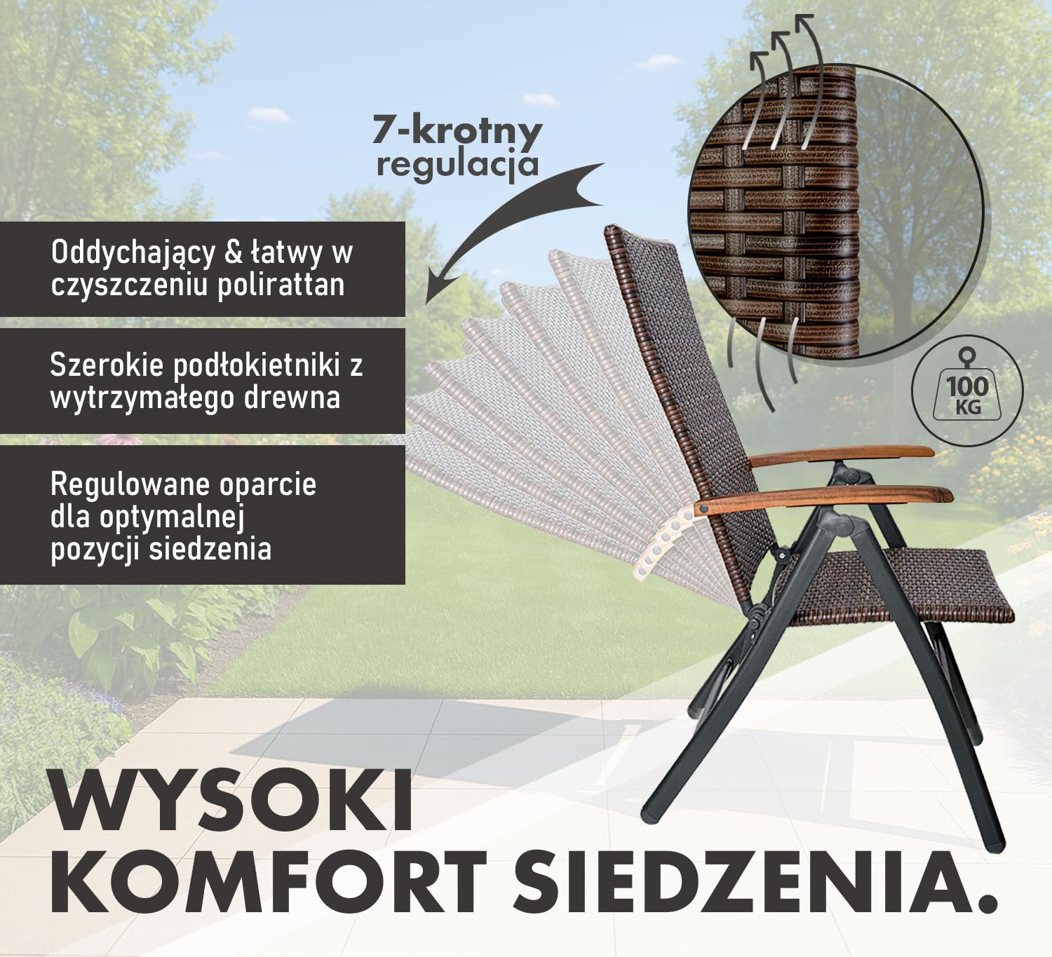 BRUBAKER Modena Krzesło Ogrodowe z Wysokim Oparciem - Metalu i Technorattanu - Składane - 7 Pozycjach Oparcia – Odporne na Warunki Atmosferyczne – Brązowo-Szare