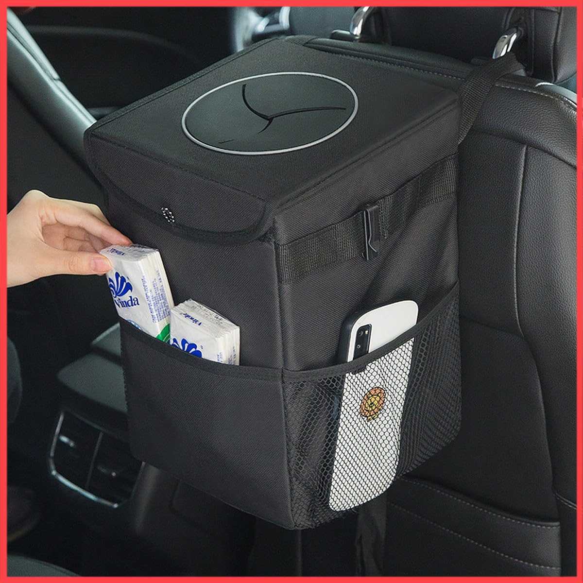 wolpin Car Trash Bin Holder Dustbin Foldable Car Trunk Storage Bag Leakproof with Side Mesh Pockets - Black (15 x 16 x 25 cm)